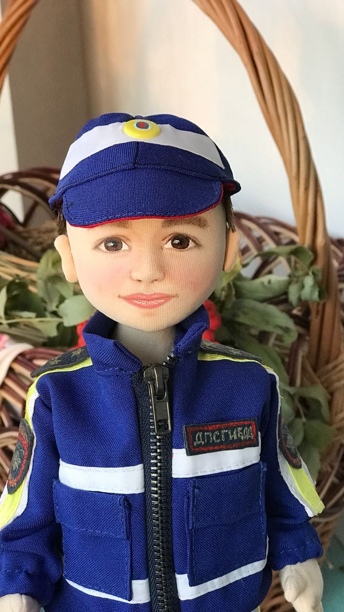 Portrait doll in police uniform, handmade to order: painted brown eyes, dark brows, blue cap, shoulder patches