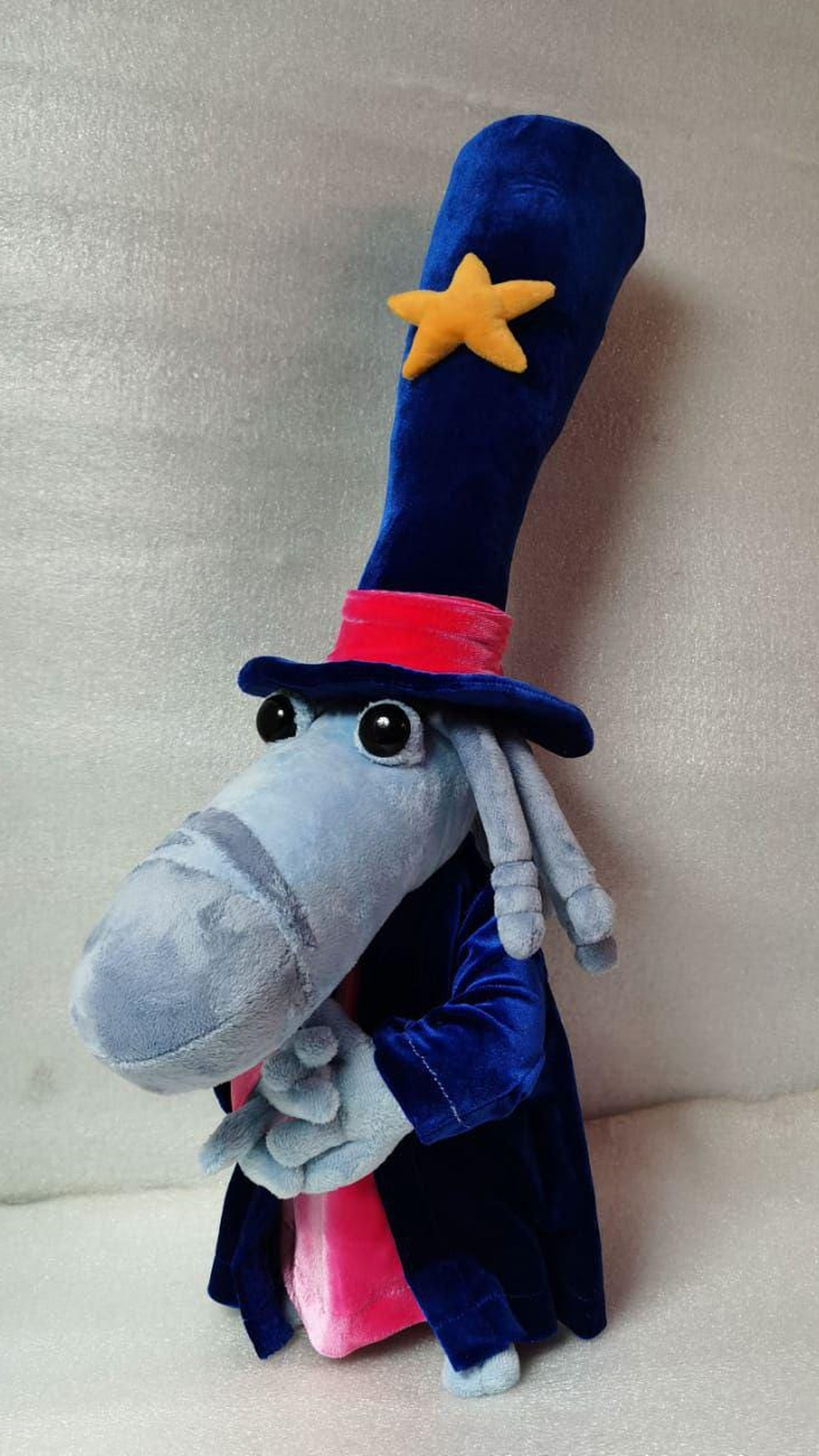 Posable Rayman Magician plush with both hands together, wire inside the arms, blue velvet coat, made to order
