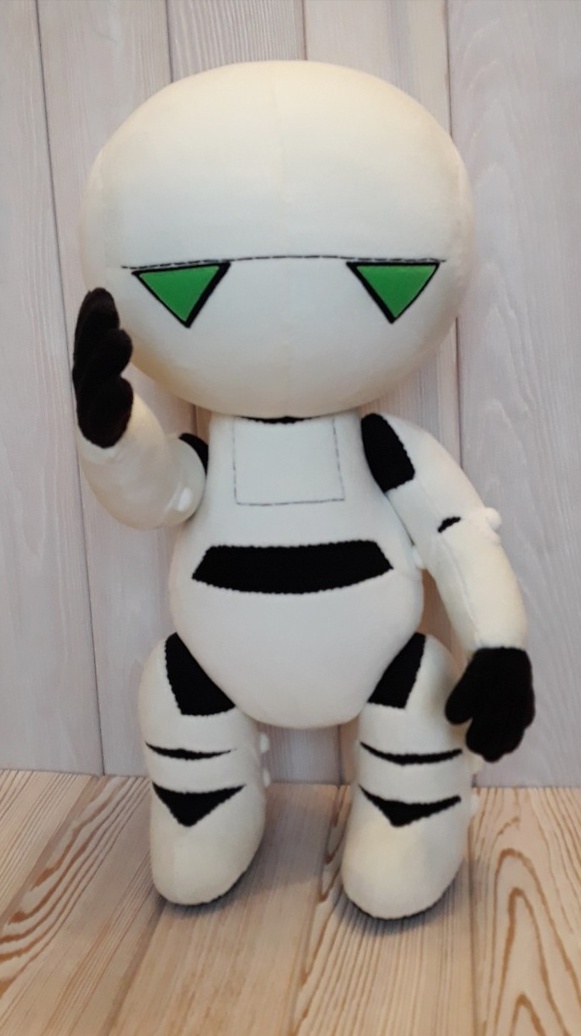 Poseable Marvin plush, hand to head Poseable Marvin the Paranoid Android plush with a black hand raised to his head, custom Hitchhiker's Guide toy