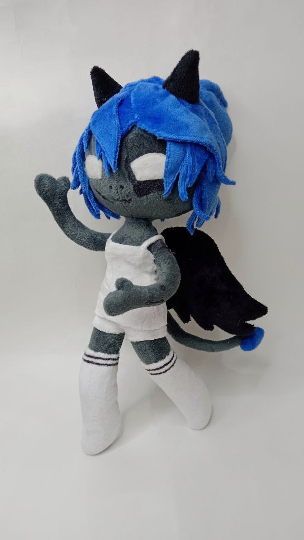 Poseable OC doll Kayla waving, demon girl plush sewn to order with bendable arms and black wings
