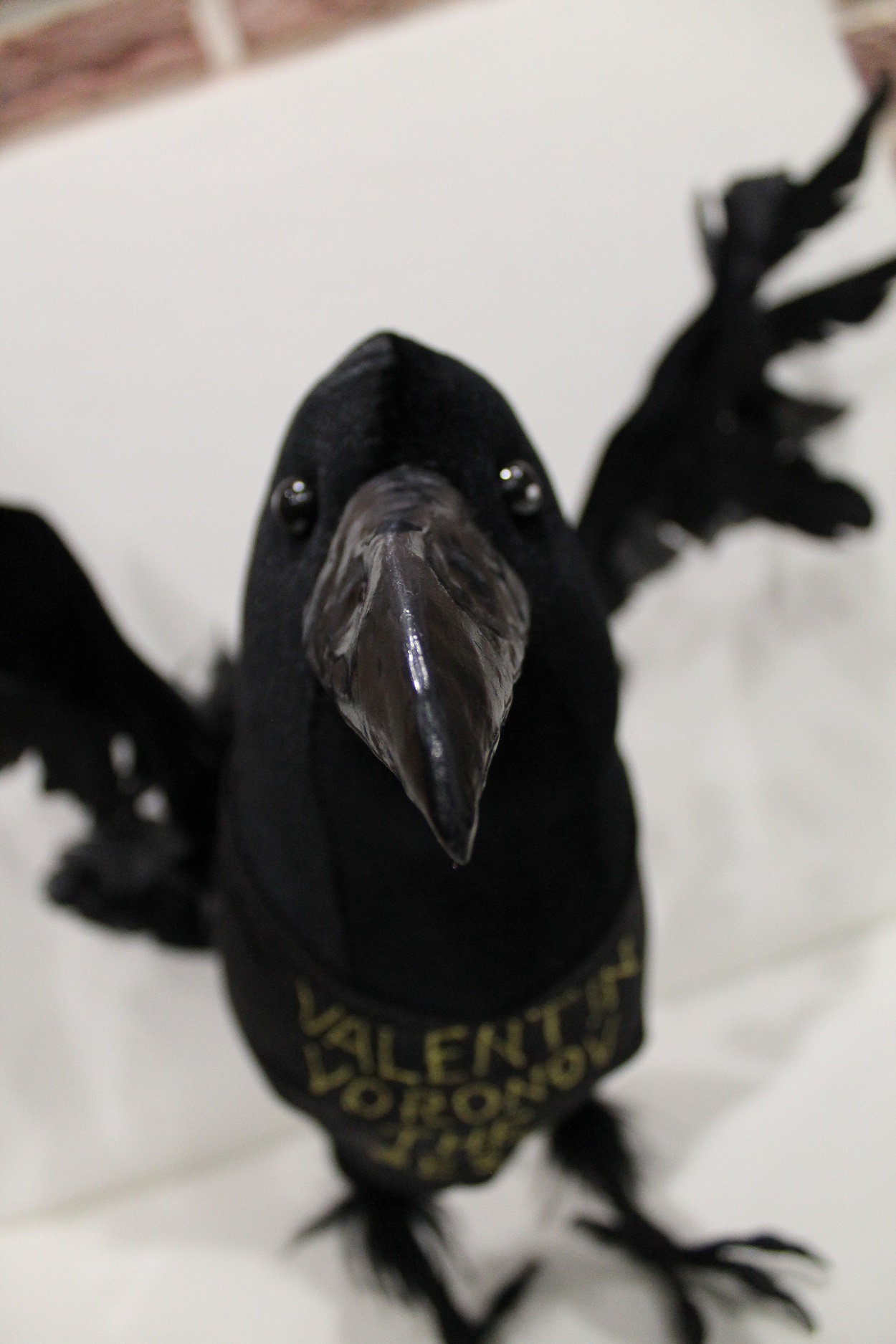 Poseable raven plush, wings raised Poseable raven plush with raised wings, glossy sculpted beak and a personal vest, handmade to order