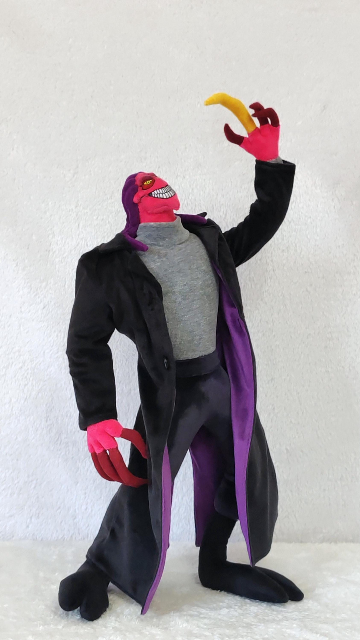 Poseable Thrax plush leaning back with the yellow claw over his head, wire frame inside, made to order