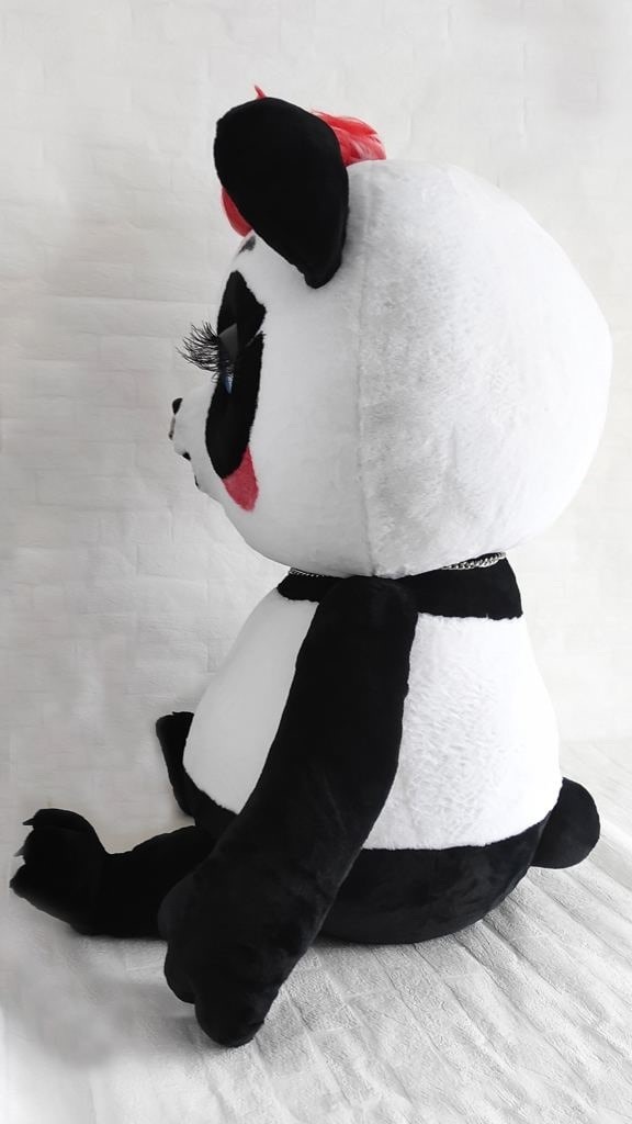 Punk panda mascot plush Punk panda mascot plush with red hair and long lashes, round faux fur head, sewn by hand to order