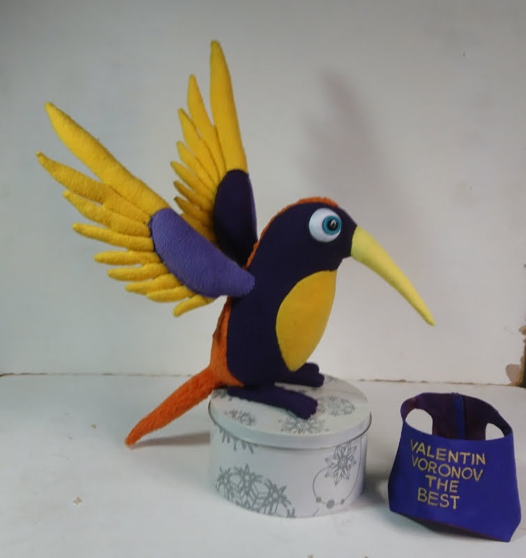 Purple bird plush and its removable name vest Purple bird plush with yellow feather wings, orange tail and its name vest taken off, made to order