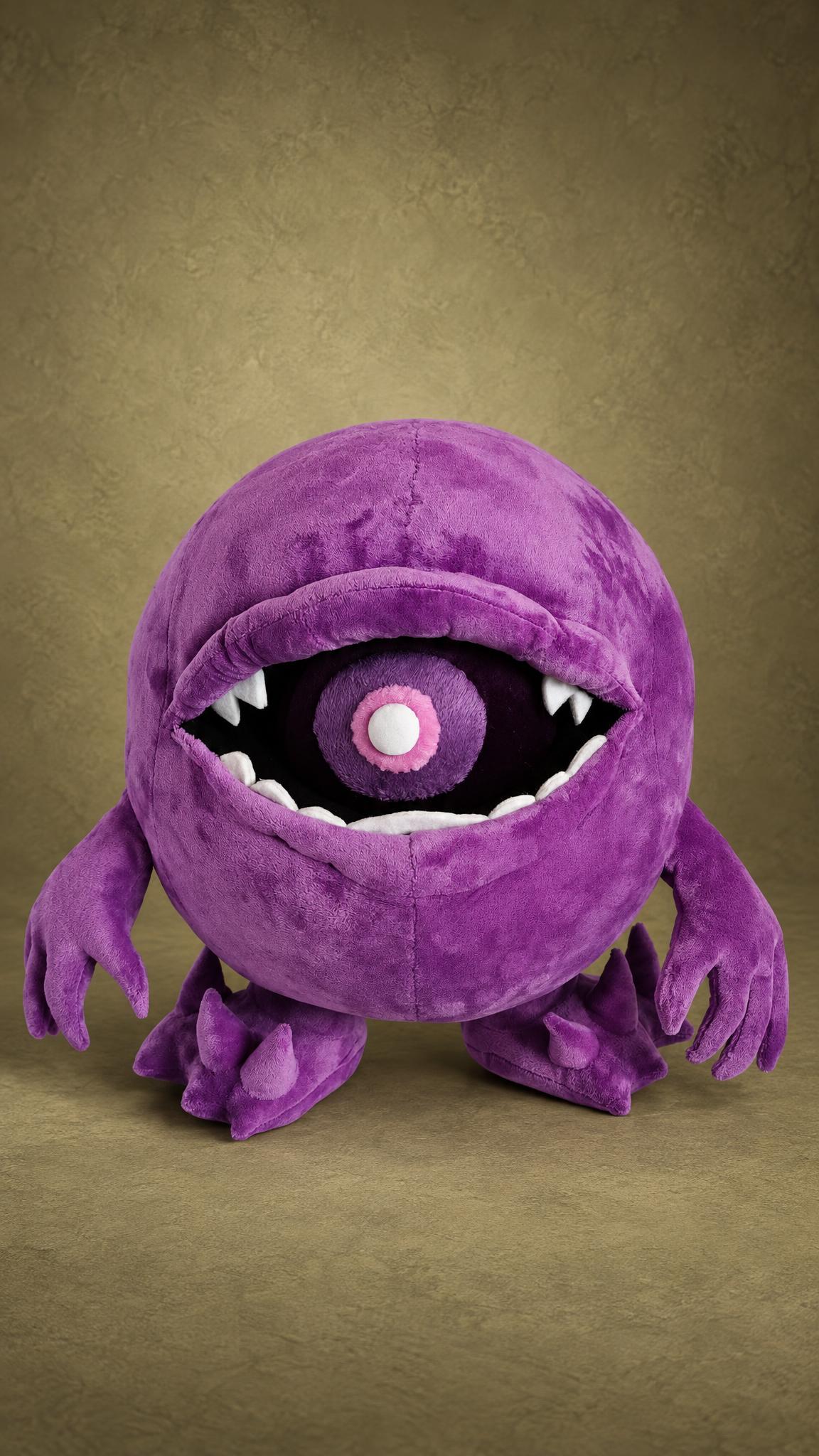 Cute monster plush with teeth, a round purple ball on spiky feet, custom made to order from a kid's drawing