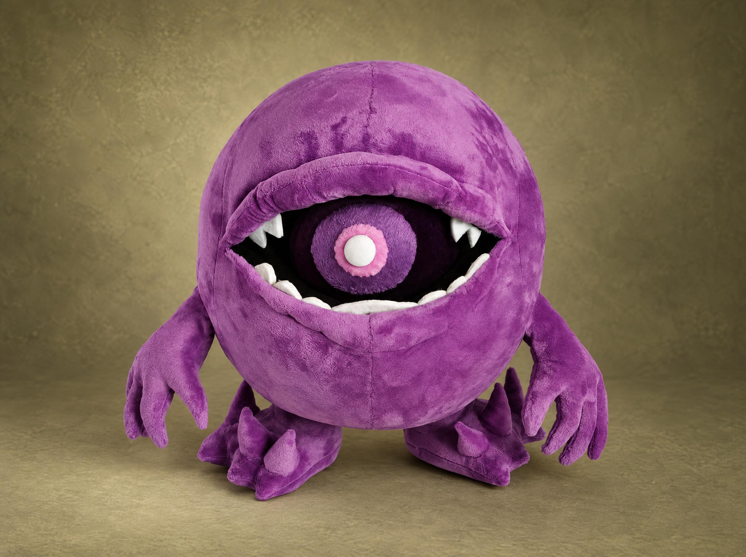 Purple monster plush with a wide mouth of white teeth and a ball inside, sewn by hand to order from a drawing