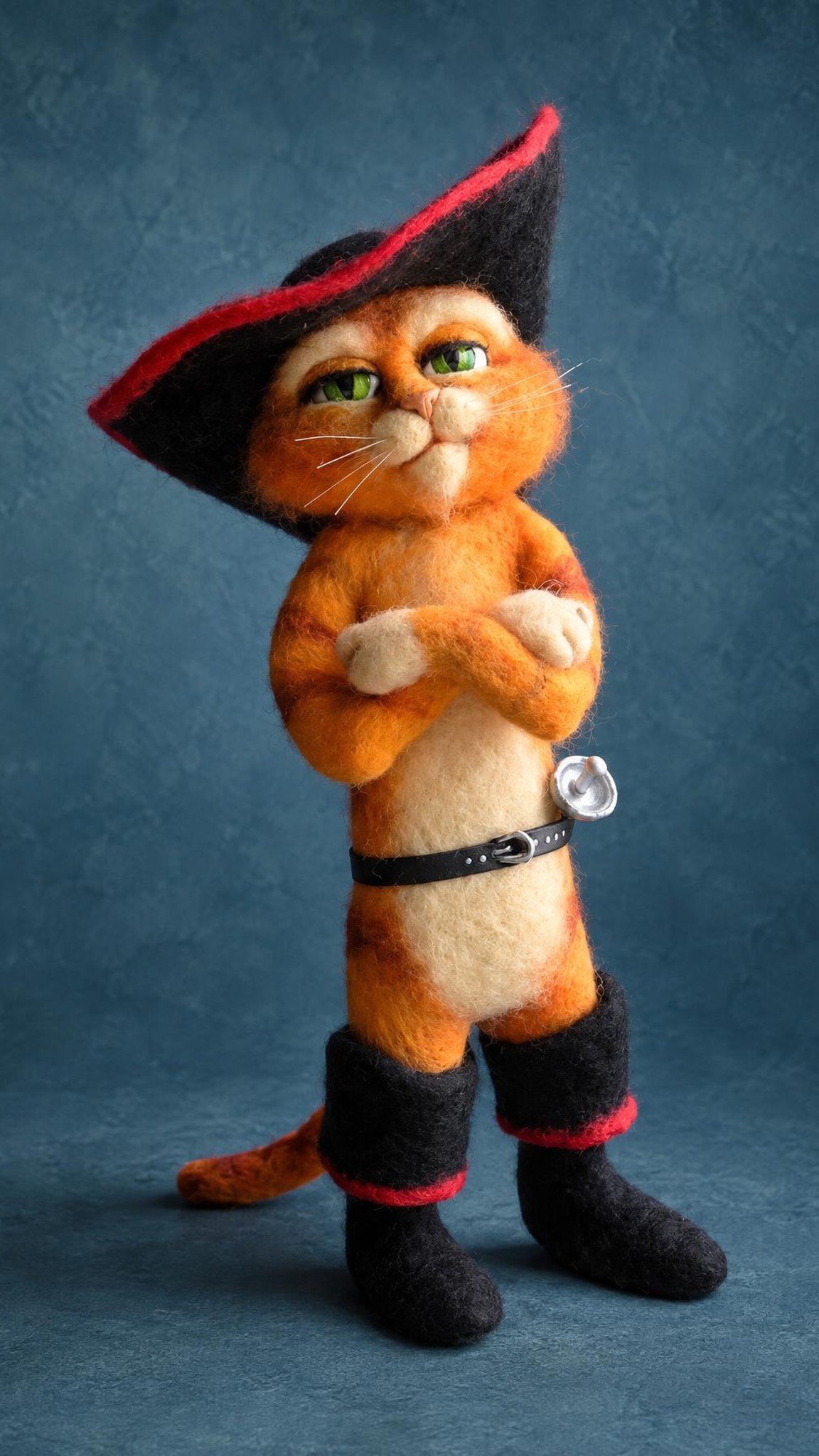 Handmade Puss in Boots felted toy with crossed arms, a belt and sword hilt, black boots with red cuffs, made to order