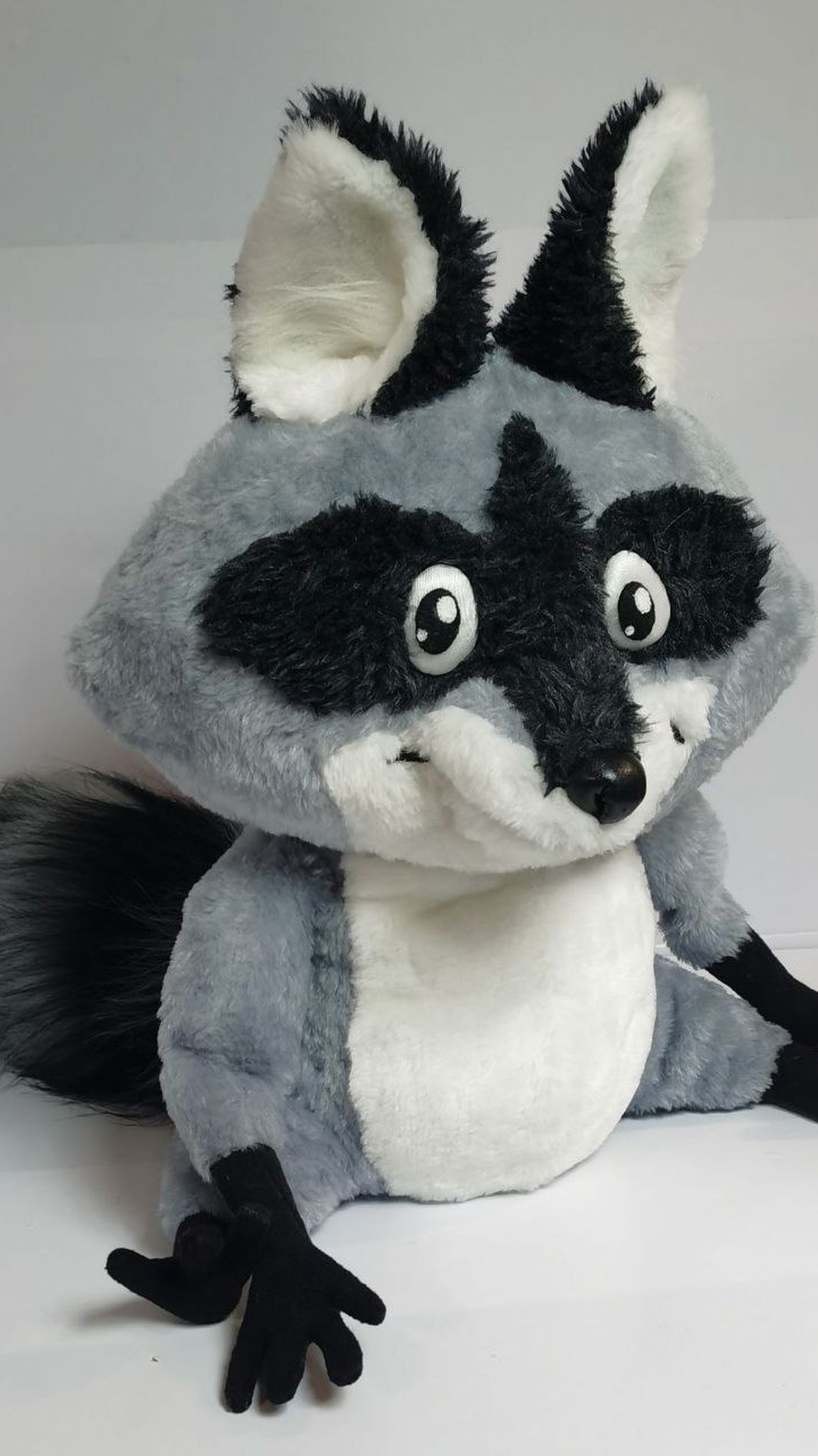 Raccoon sticker plush with a black mask, big cartoon eyes and white belly, handmade to order