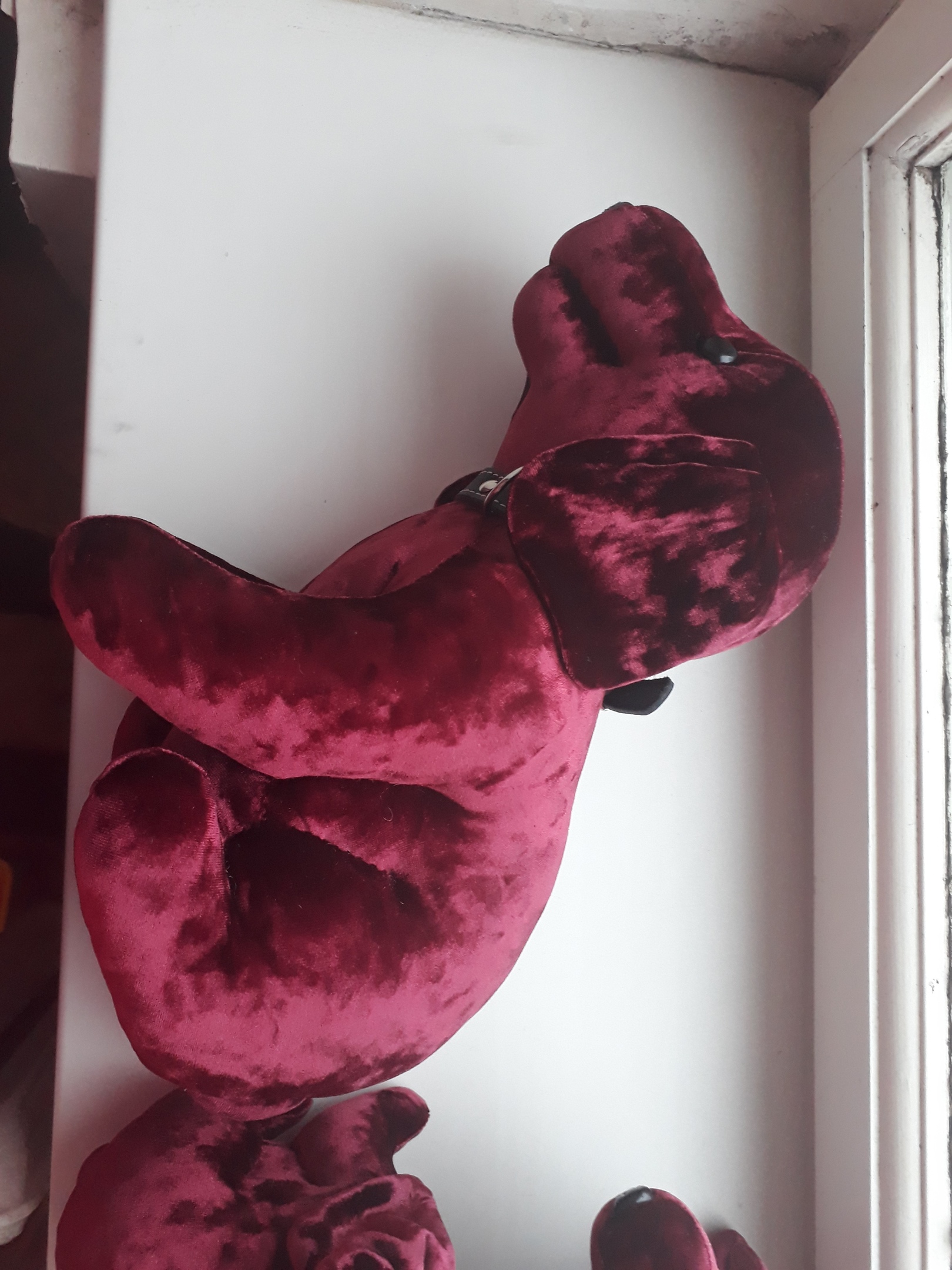 Big raspberry velvet dog with a collar Big raspberry velvet stuffed dog with floppy ears and a collar with a metal ring, a custom vintage toy replica