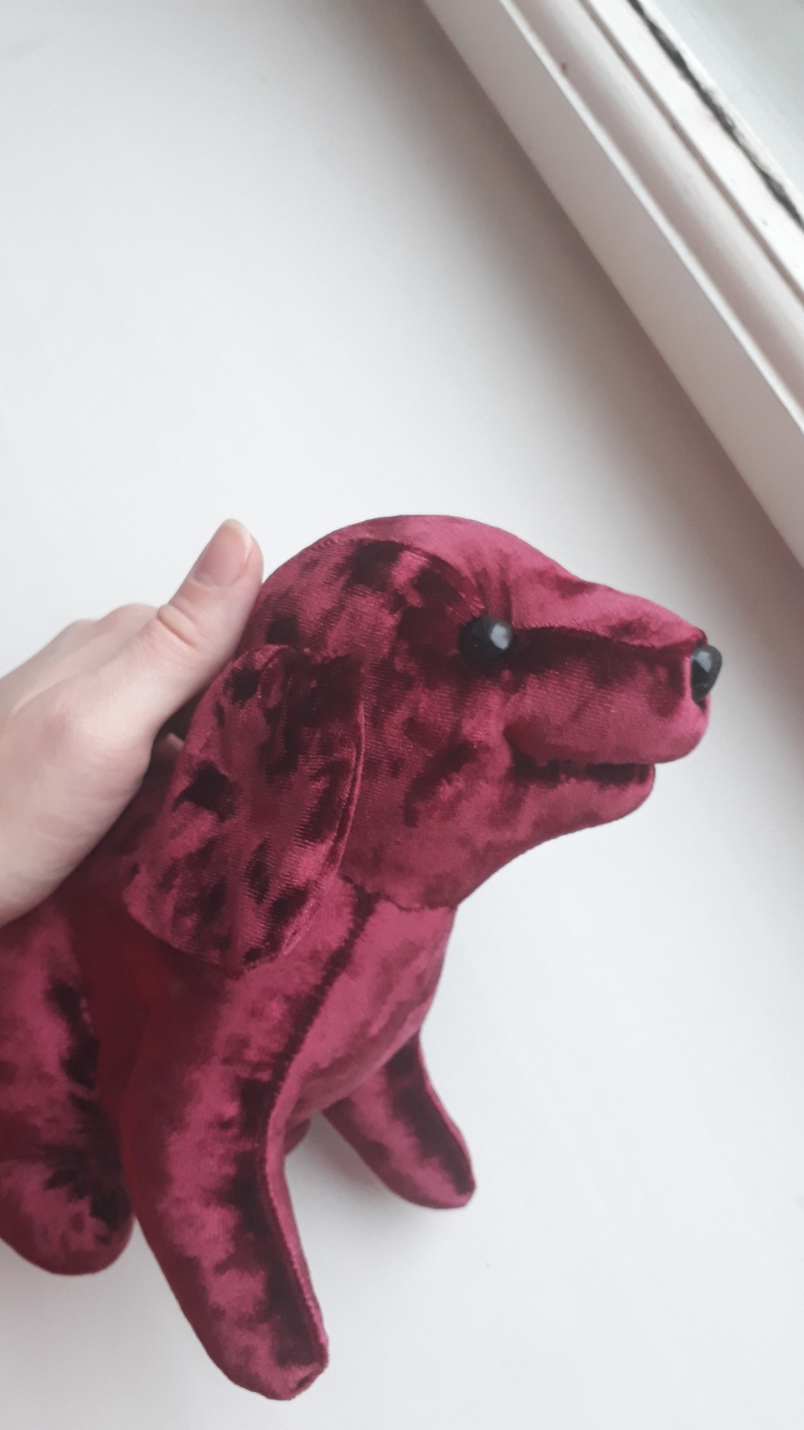 Vintage stuffed puppy in raspberry velvet with floppy ears and black eyes, a custom childhood toy replica