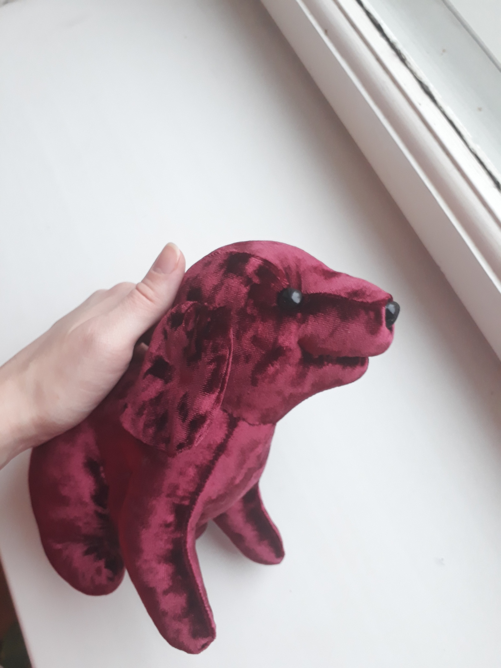 Raspberry velvet stuffed puppy Raspberry velvet stuffed puppy with long floppy ears and a black nose, a vintage dog toy remade to order