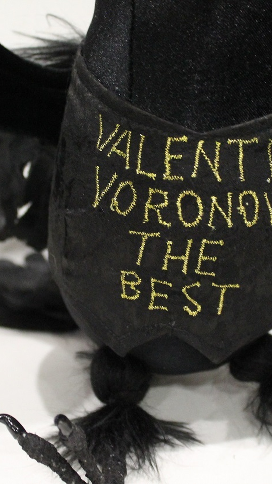 Raven plush vest with hand-painted gold lettering, faux fur legs and claws, a custom gift made to order