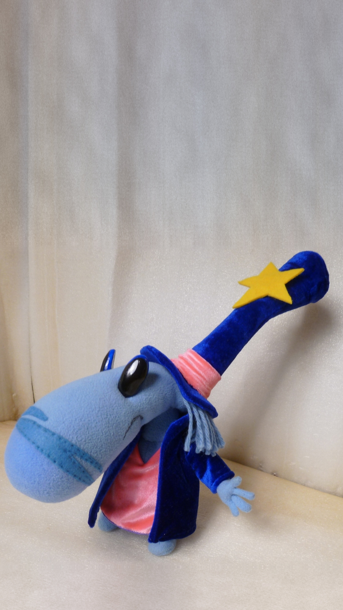 Rayman Magician plush with blue stripes on his nose, velvet coat and star top hat, handmade to order
