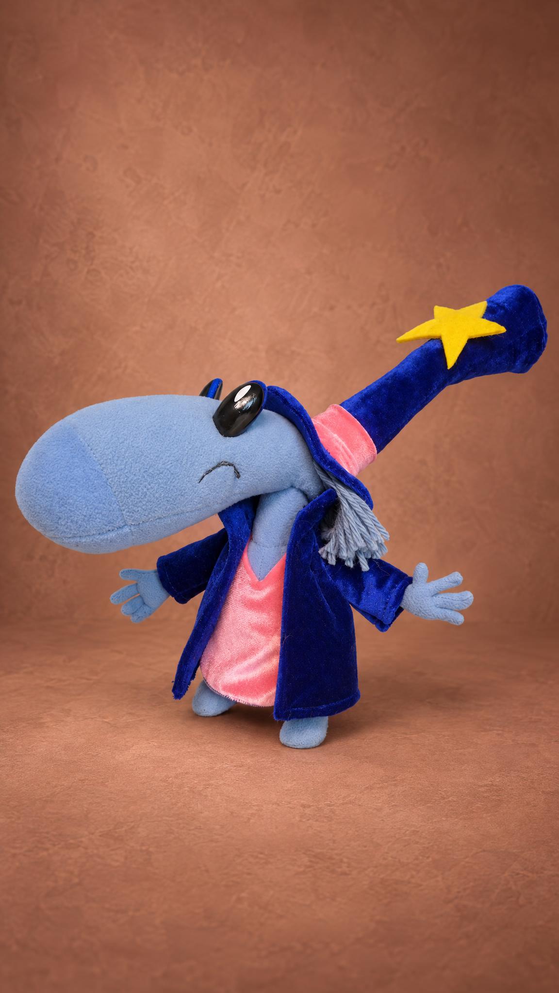 Custom Rayman Magician plush with a long blue nose, yarn hair and a floppy star hat, sewn by hand to order
