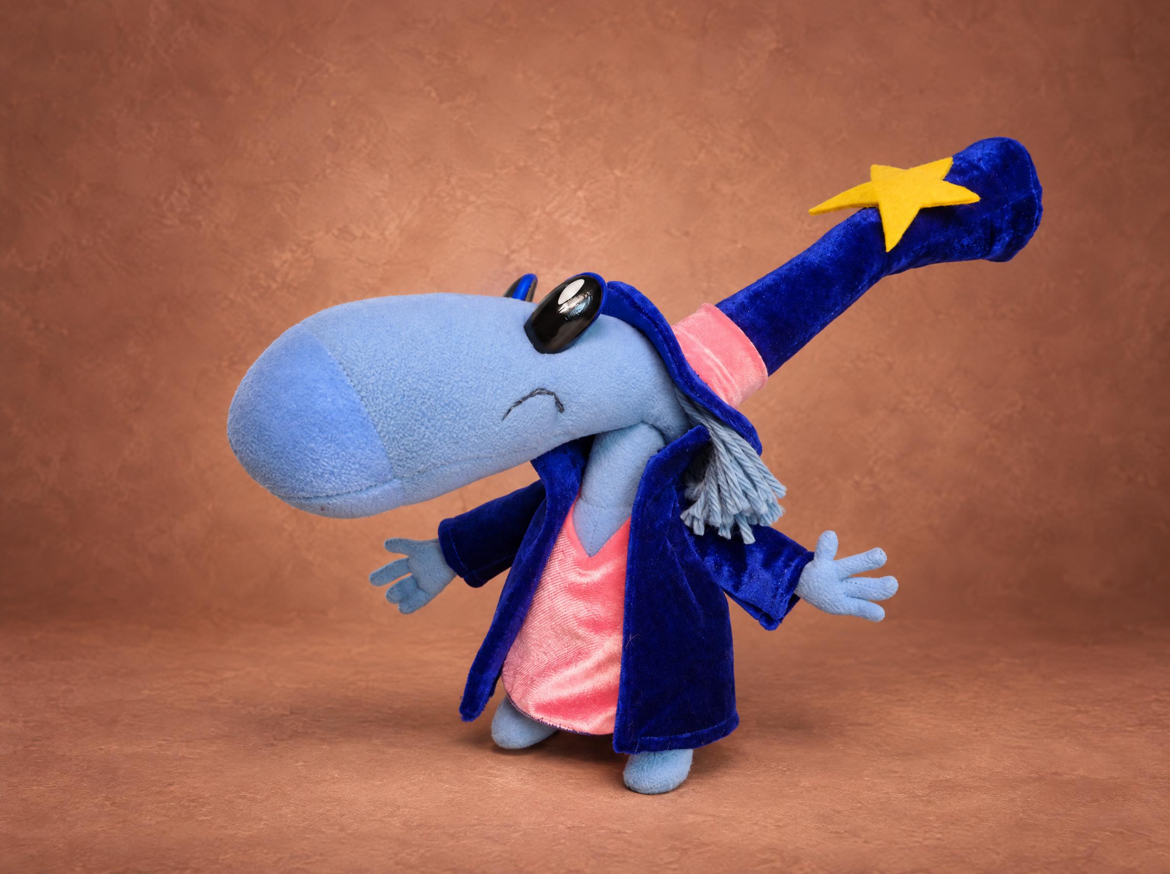 Rayman Magician plush, a blue Teensy in a velvet coat and tall star top hat, handmade to order with posable arms