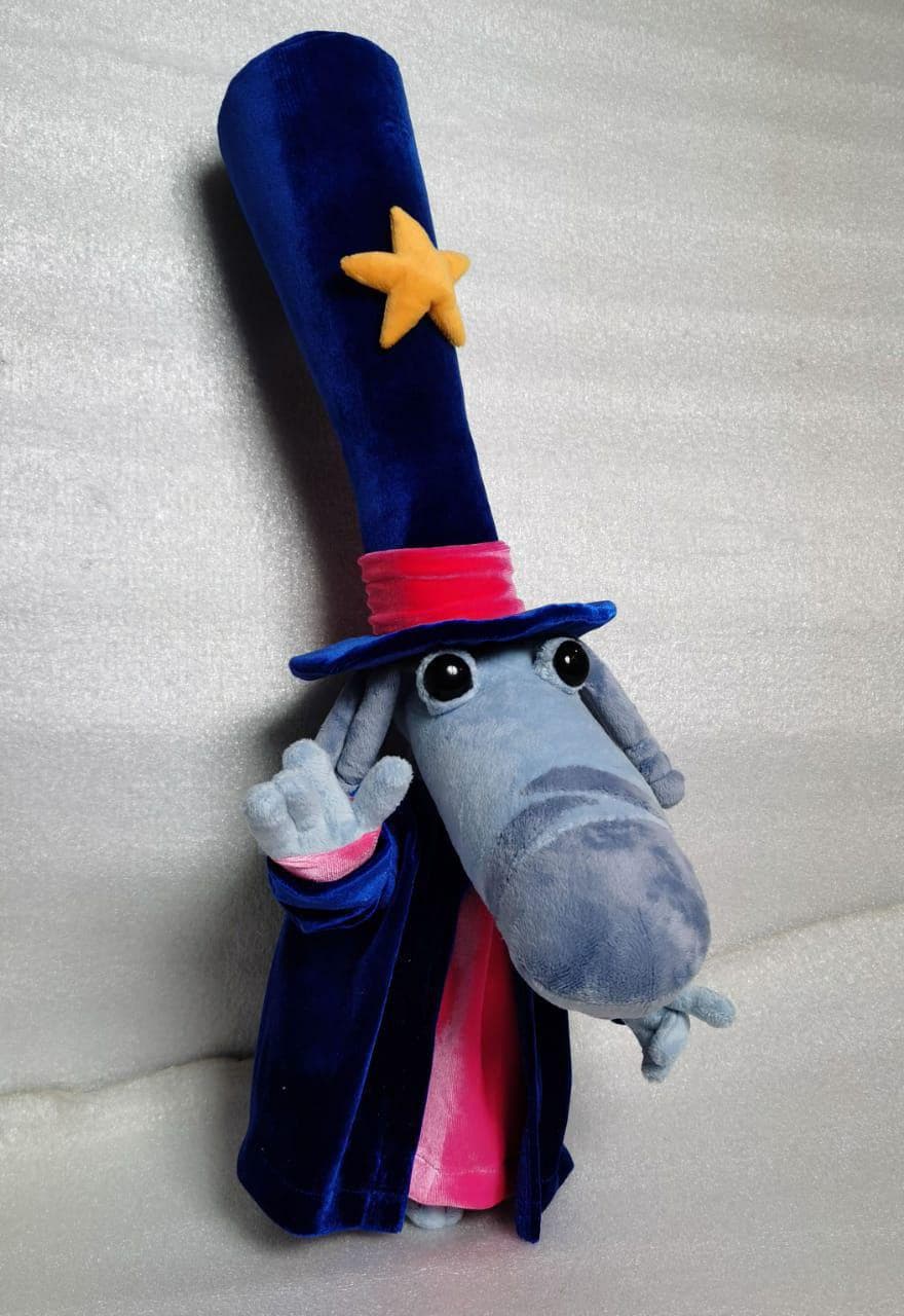 Rayman Magician plush waving Handmade Rayman Magician plush waving one hand, royal blue velvet coat over a pink shirt, made to order