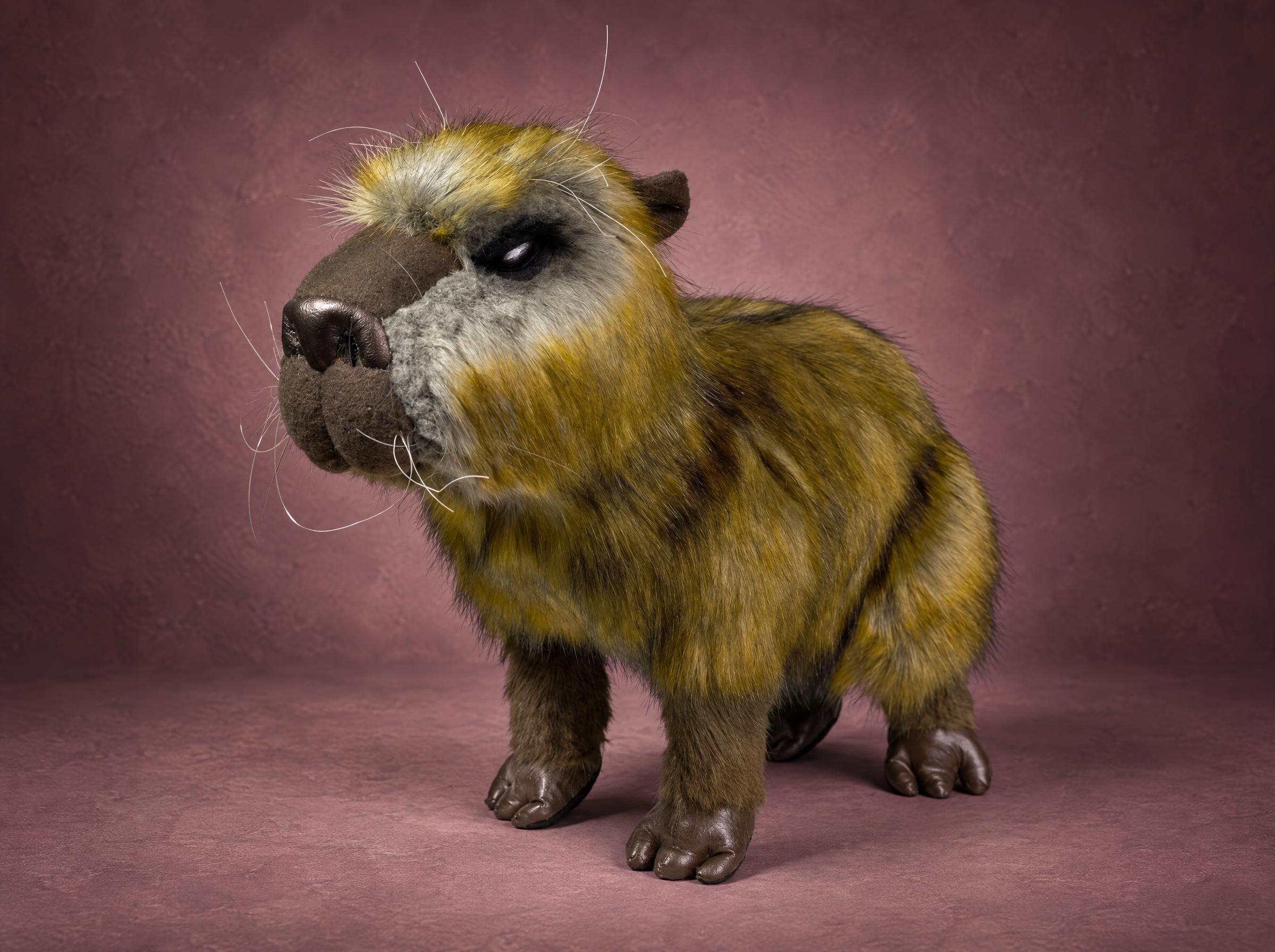 Realistic capybara stuffed animal, handmade to order: long olive-gold faux fur, whiskers and brown toes