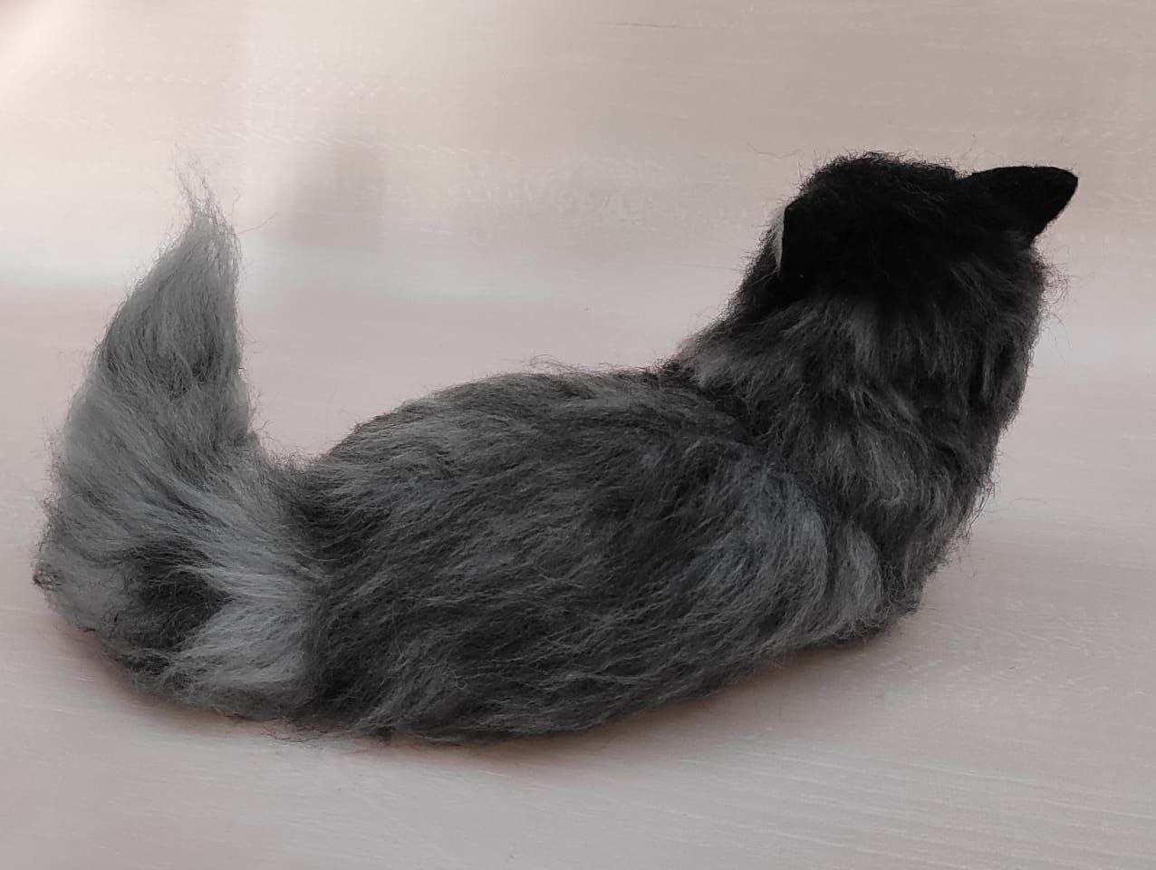 Smoke cat plush with a long grey tail Smoke cat plush resting with its long grey faux fur tail curled around, handmade to order