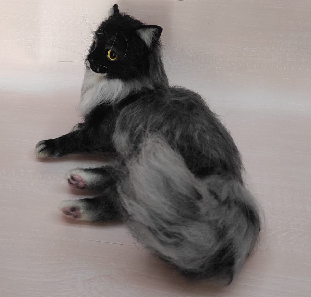 Long-haired cat plush with smoky grey fur Long-haired cat plush with streaky smoky grey faux fur on its back and a black head, made to order