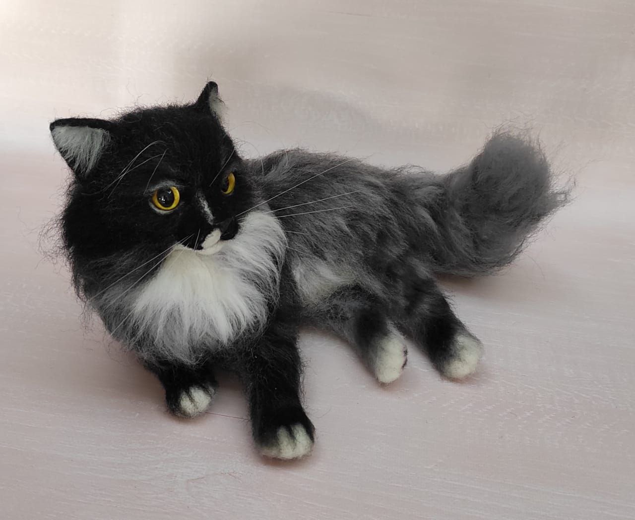 Smoke cat plush with a grey tail plume Realistic smoke cat plush with a raised grey tail plume and a white chest ruff, made to order