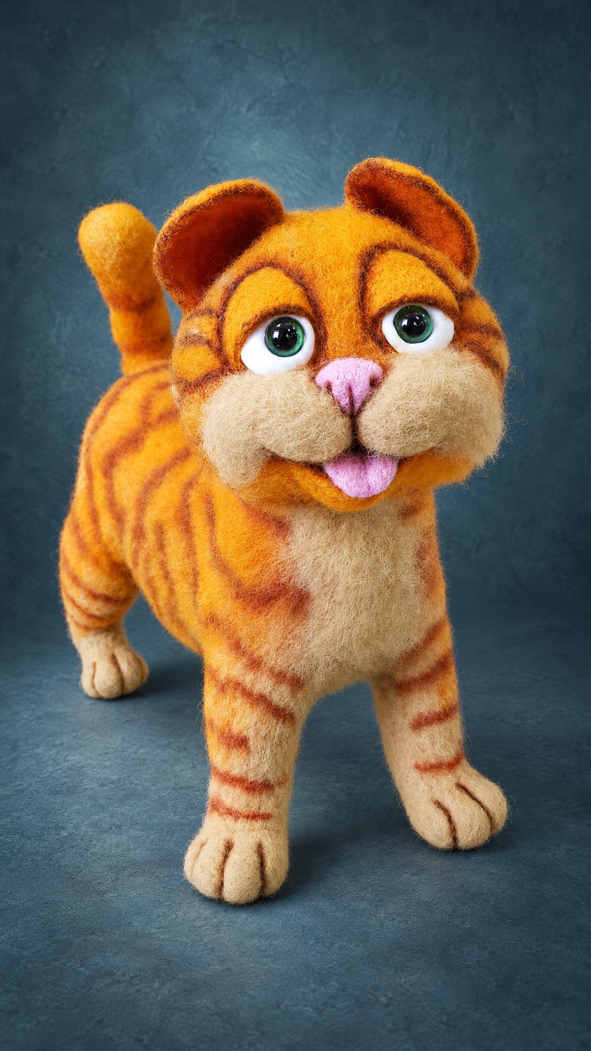 Garfield plush with heavy eyelids, green eyes and a pink tongue, needle felted to order in orange wool