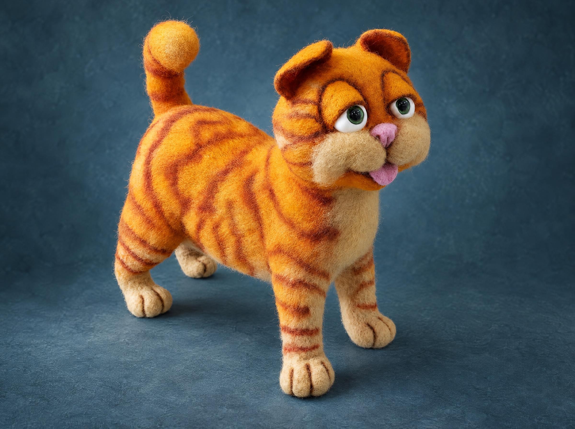 Realistic Garfield plush in felted wool, standing on four legs with tail up and tongue out, made to order