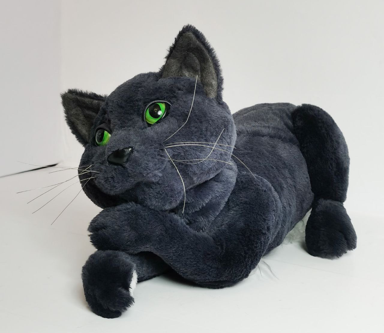 Realistic grey cat plush, handmade Realistic grey cat plush handmade to order, green eyes, grey ear linings and a white tip on one paw