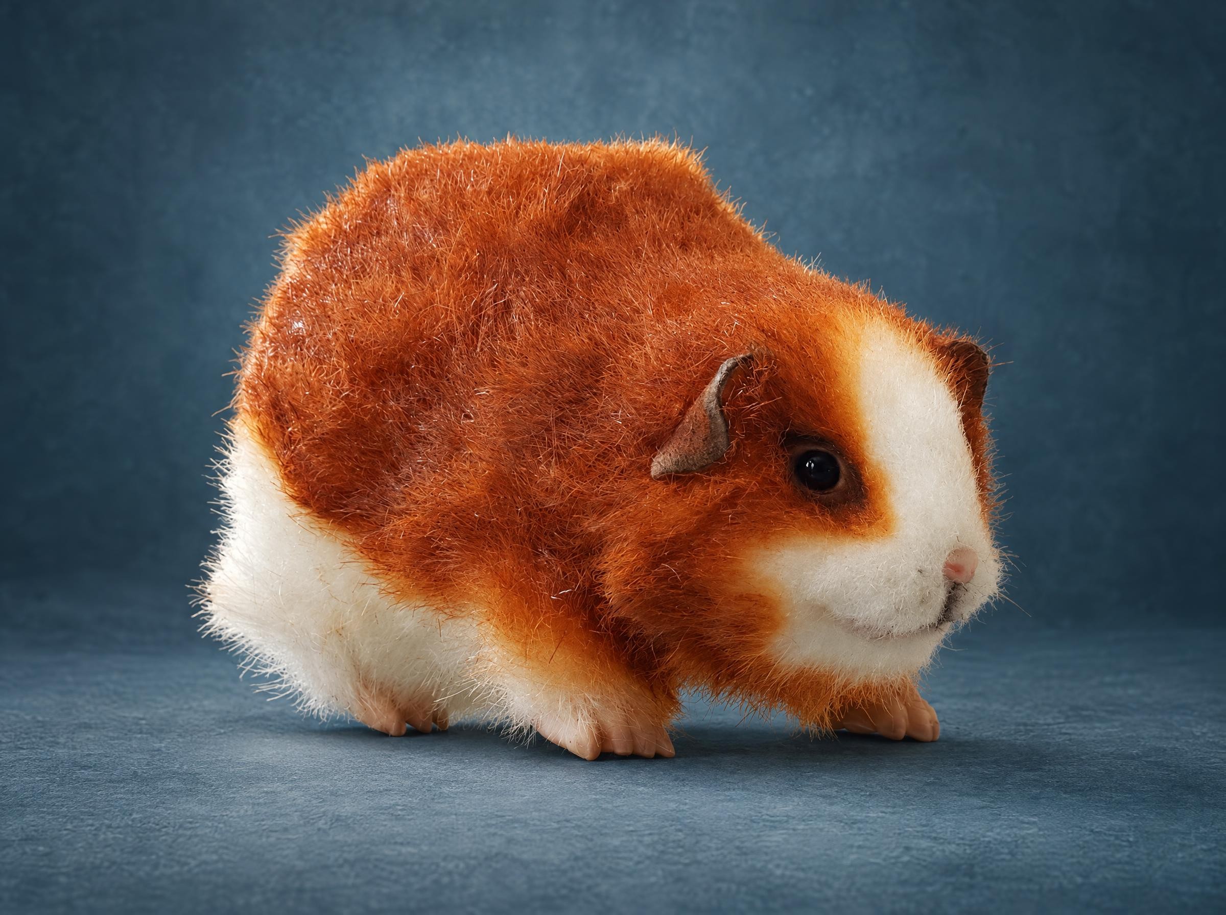 Realistic guinea pig plush in ginger and white faux fur with sculpted pink toes, handmade to order