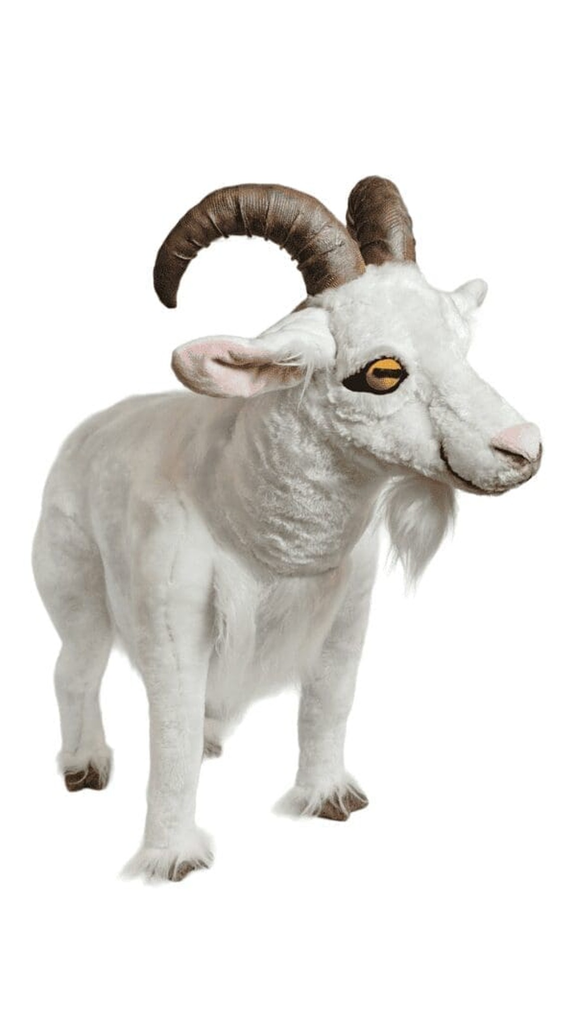Realistic mountain goat plush handmade to order, white faux fur with a shaggy beard and ridged brown horns