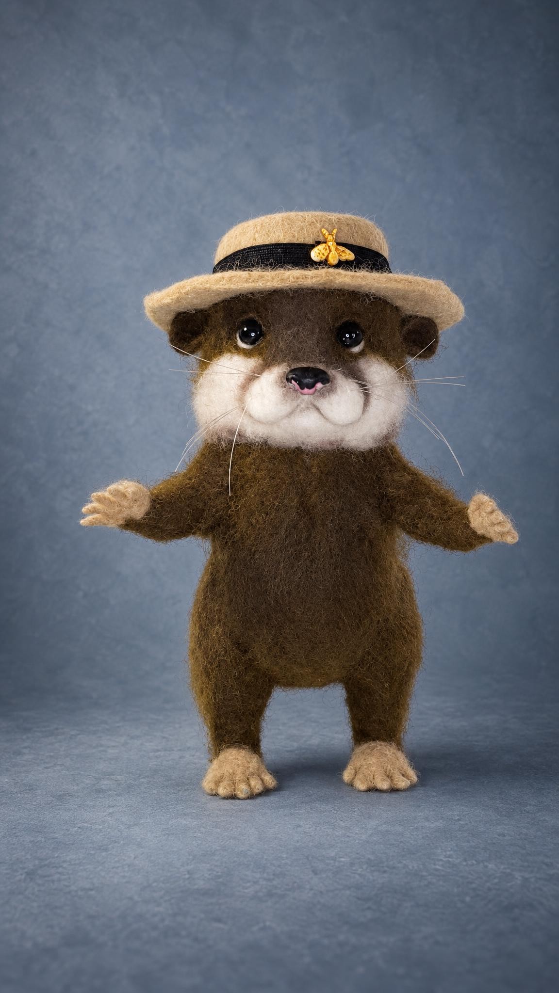Needle felted otter plush standing on hind legs in a beige boater hat, white cheeks, made to order