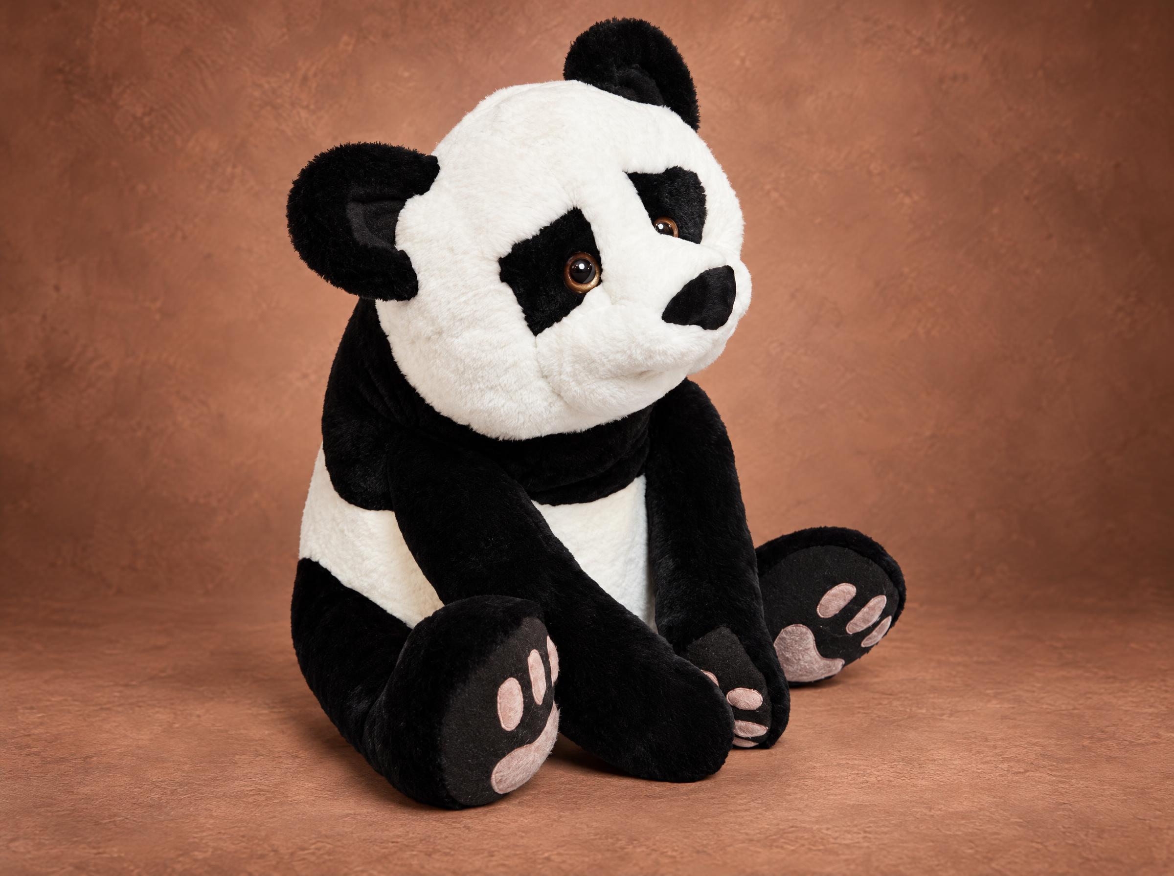 Realistic panda plush, a sitting giant panda in black and white faux fur with brown eyes, handmade to order