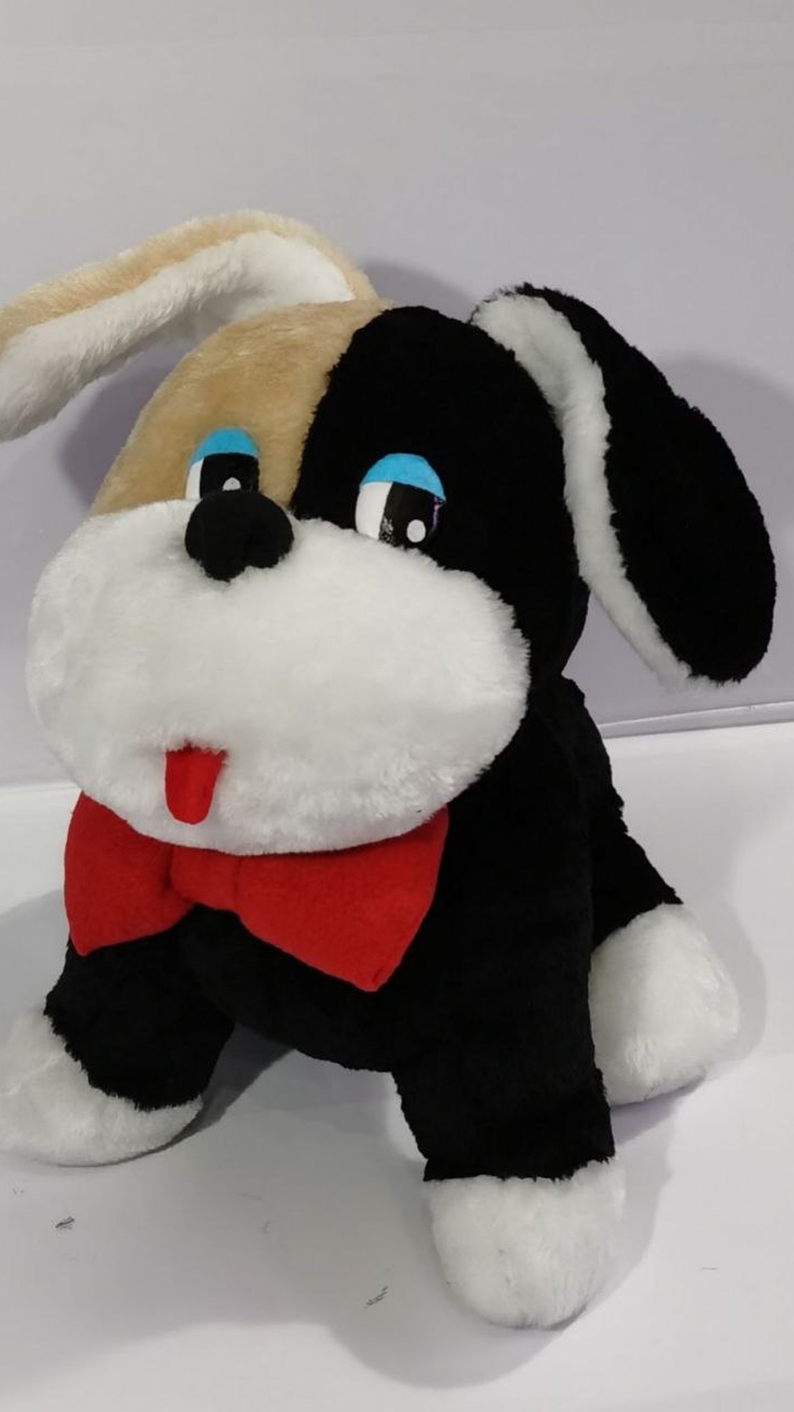 Recreated childhood puppy plush with floppy black ear and little red tongue, handmade to order