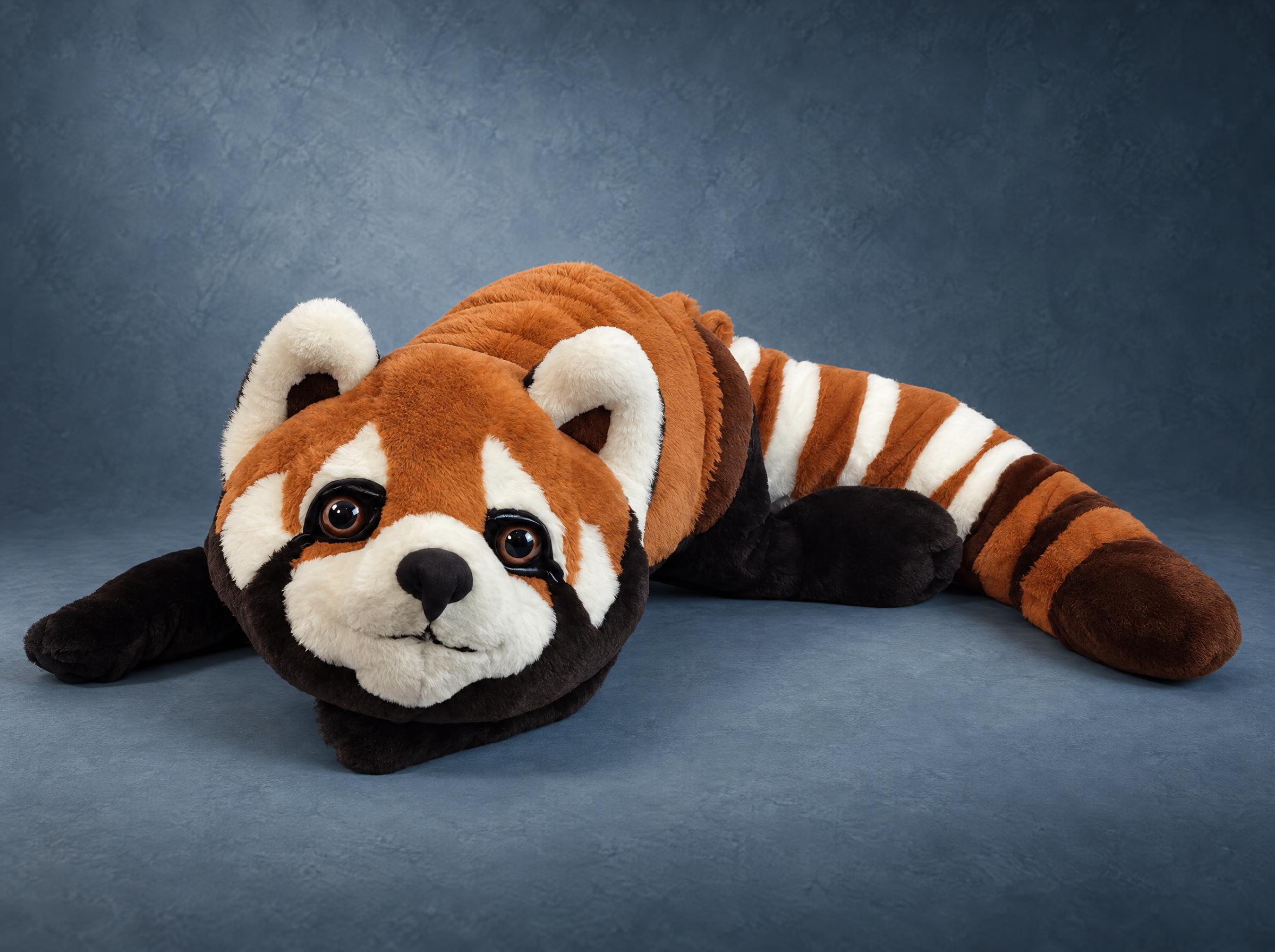 Red panda plush hug pillow handmade to order: rusty orange body, cream face, ringed tail and glossy brown eyes
