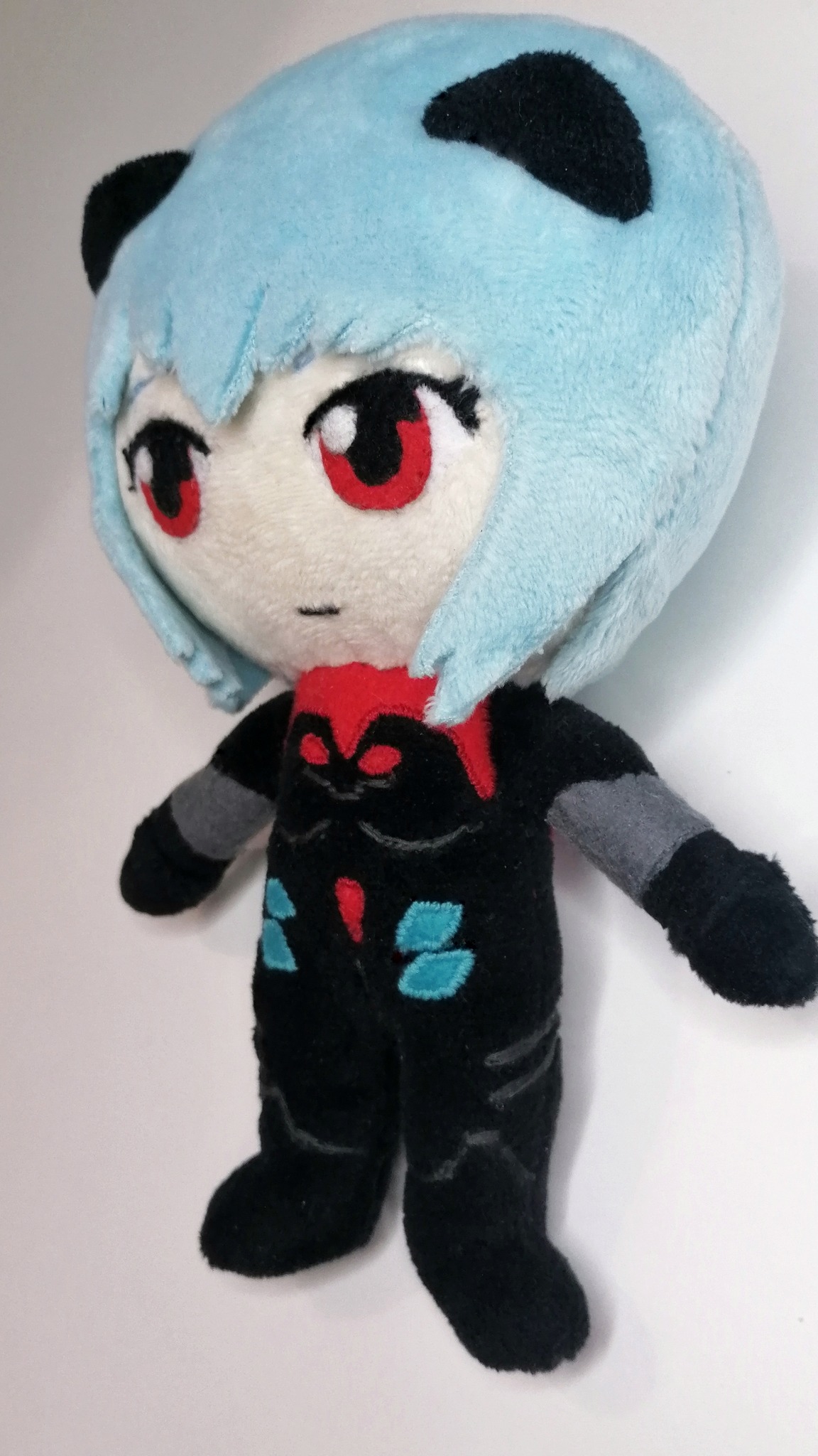 Chibi Rei Ayanami plush in the black plugsuit with red collar and teal patches, Evangelion doll made to order
