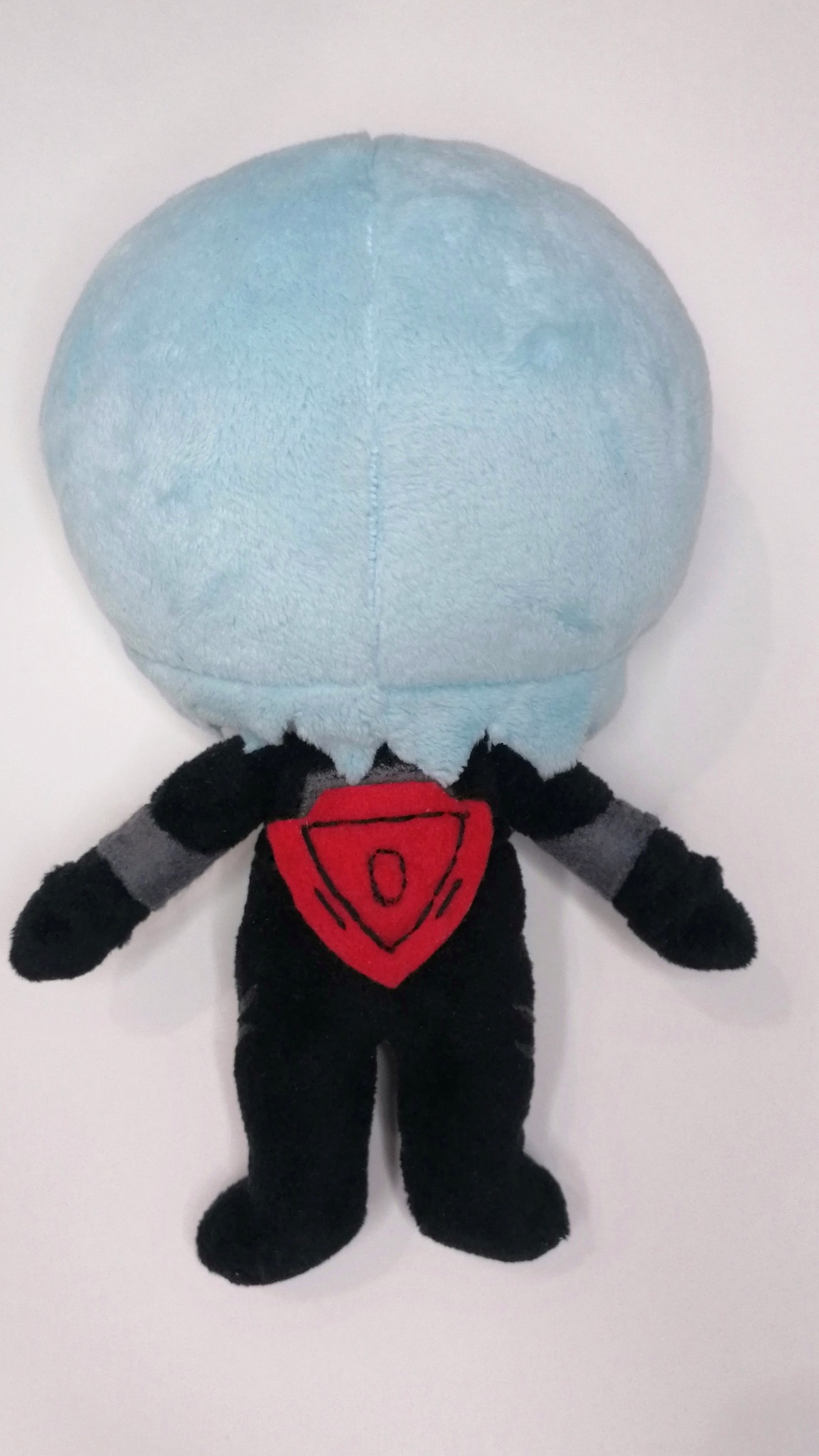 Custom chibi Rei Ayanami doll, Evangelion plush with black headset pieces and red chest detail, made to order