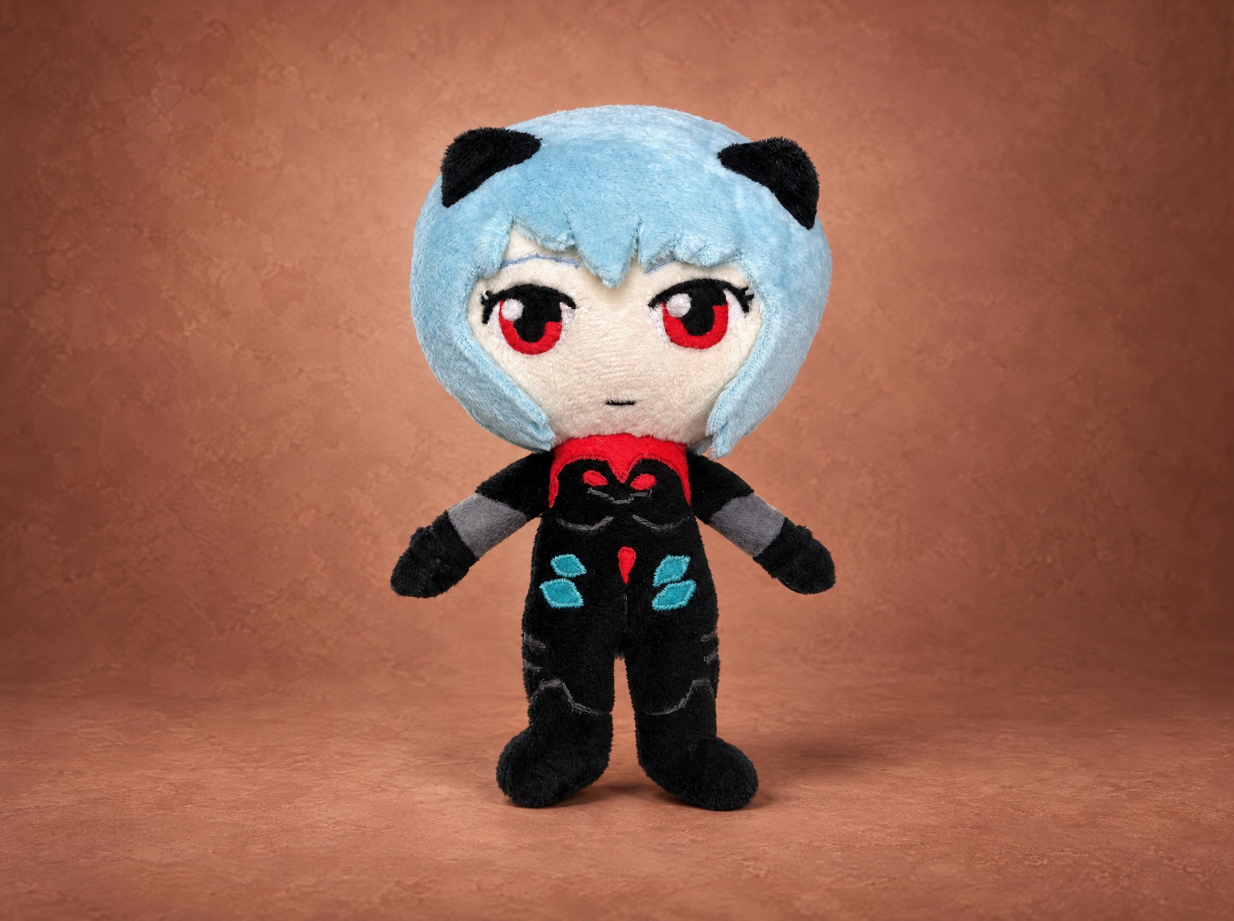 Custom Rei Ayanami plush from Evangelion in a black plugsuit, chibi doll with red eyes, handmade to order