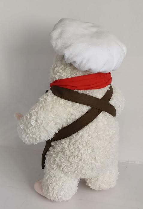 Dumpling restaurant mascot plush, apron straps Dumpling restaurant mascot plush from behind: crossed brown apron straps over curly white faux fur, made to order