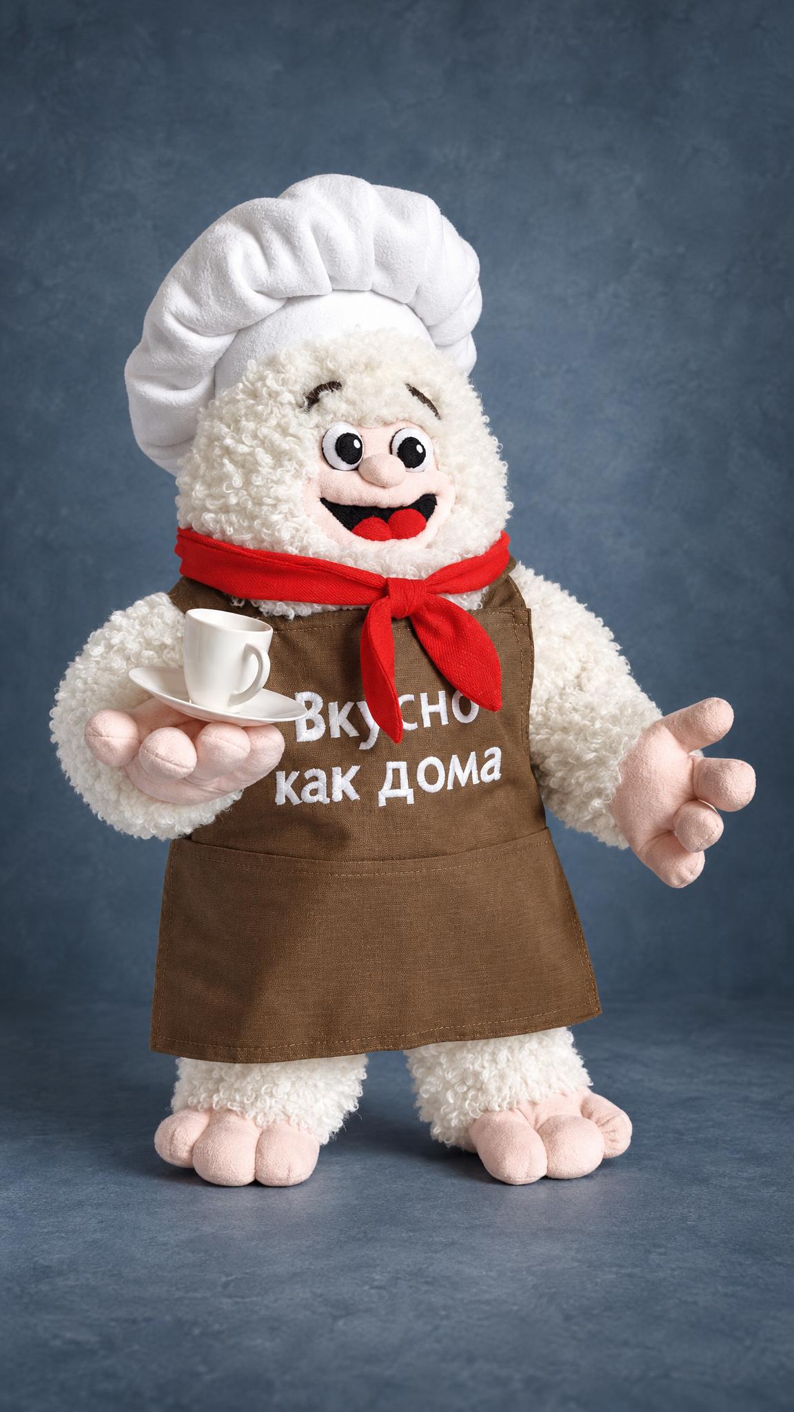 Custom cafe mascot plush: white curly chef in a red neckerchief and apron, cup in hand, sewn by hand to order