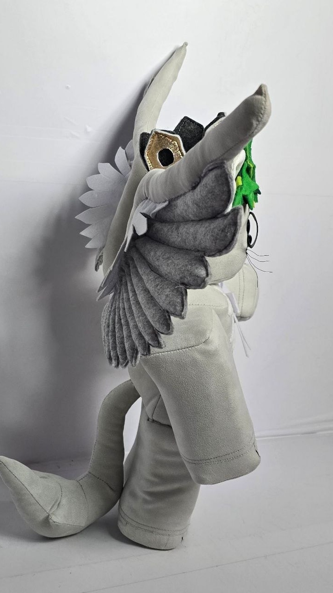 Handmade Roblox avatar plush, a winged cat with felt feathers, green star crown and long tail, made to order