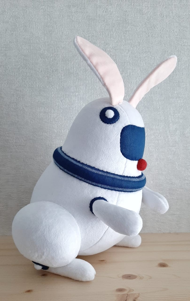 Robot bunny plush with a denim collar Robot bunny plush with a denim blue collar with stitched stripes and round side eyes, handmade to order
