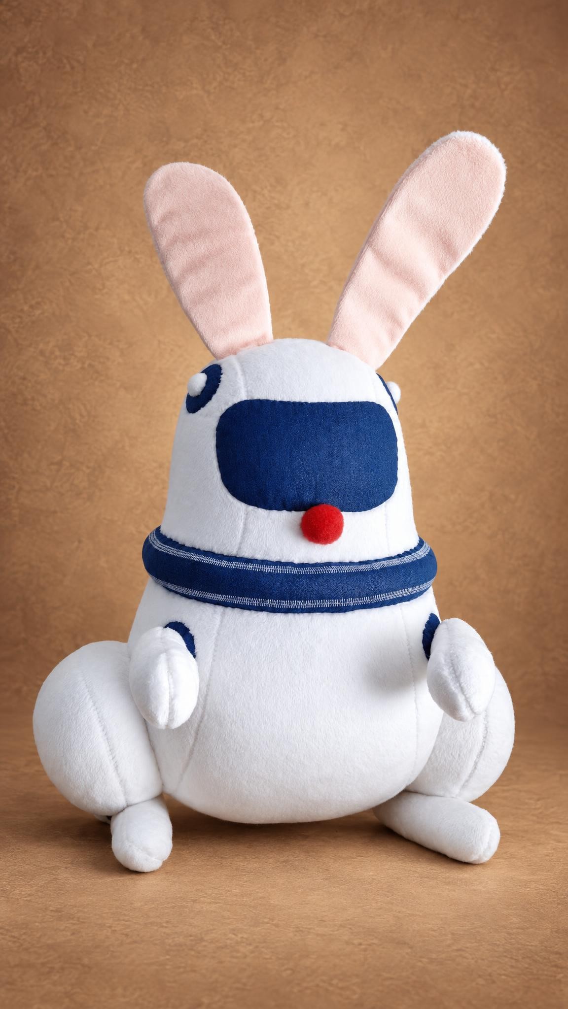 Custom robot bunny plush with long pink-lined ears and a blue visor face, handmade to order
