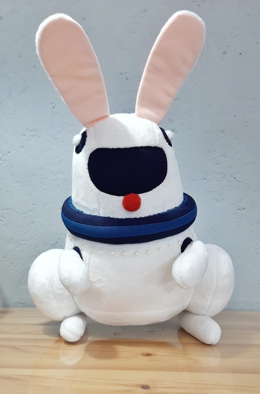 Robot bunny plush with a navy visor Robot bunny plush with a navy visor, padded navy collar and a row of pearl beads, made to order