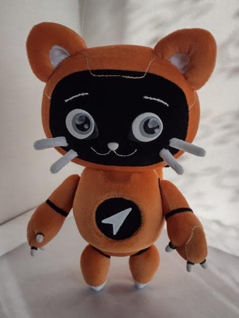 Orange robot cat company mascot plush Company mascot plush: orange robot cat with white claw tips, joint stripes and a custom logo, sewn to order