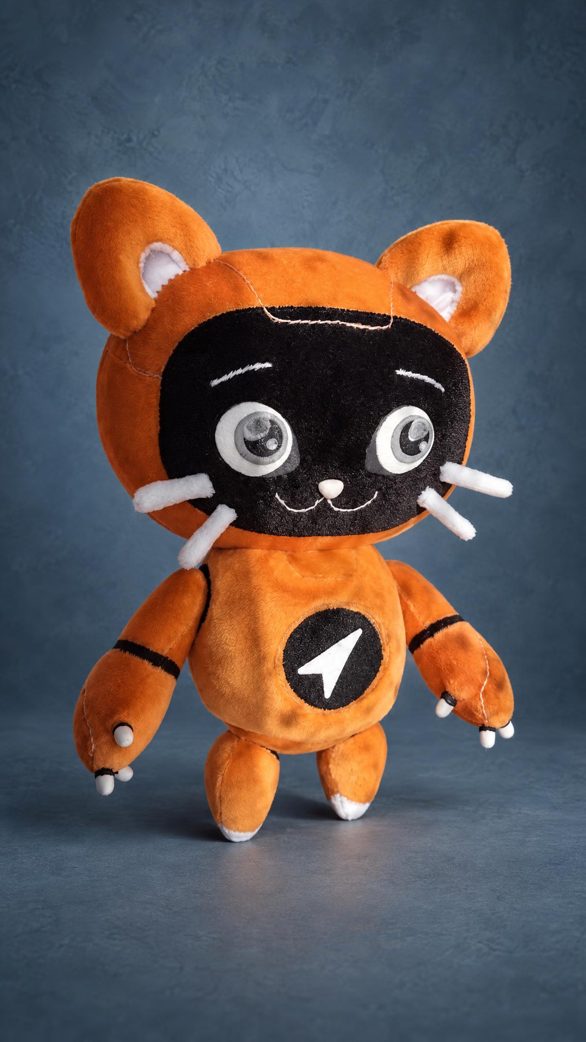 Orange robot cat plush with your company logo on its chest, a custom office mascot sewn by hand to order