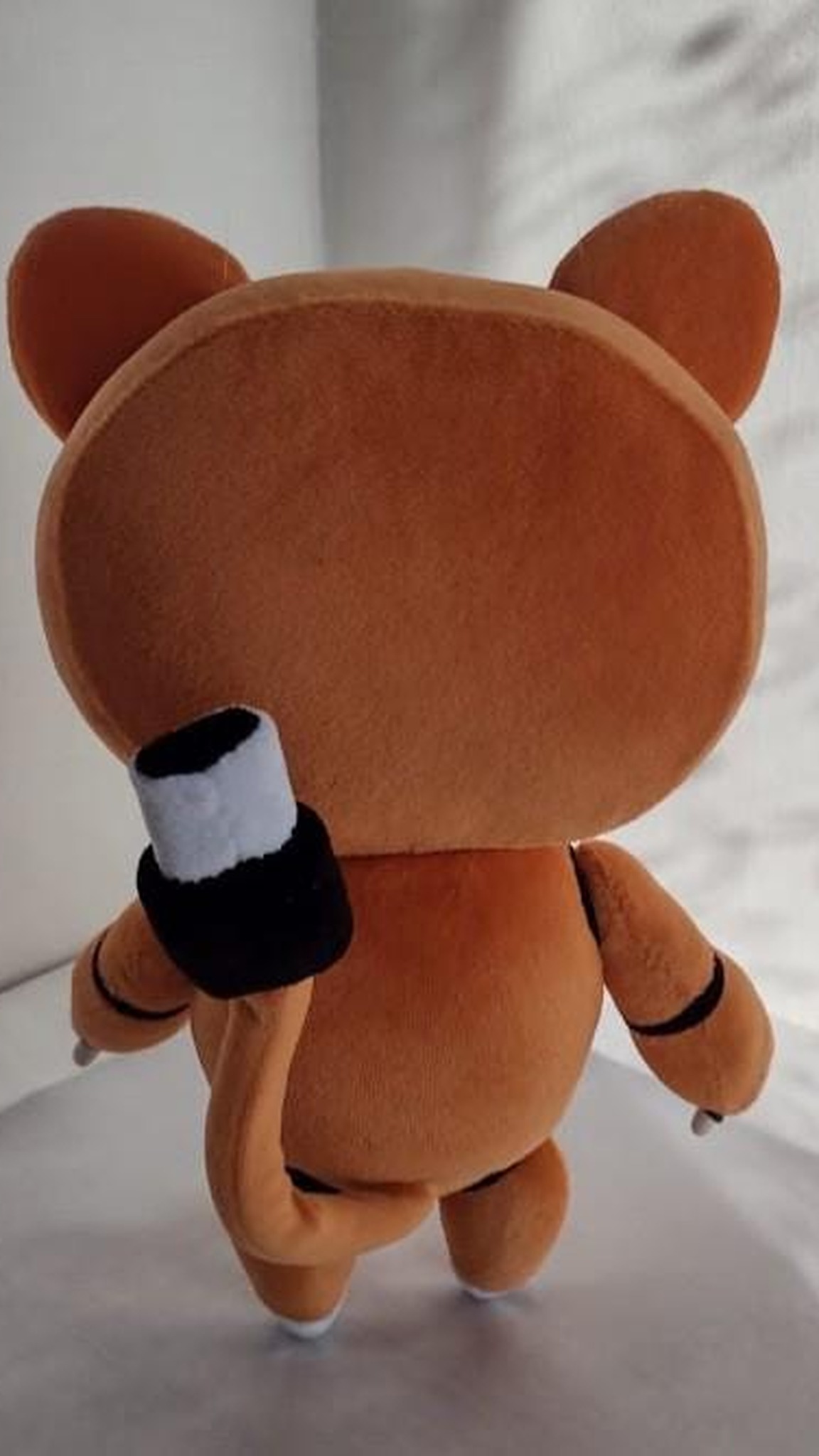 Robot cat plush with a charging cable tail and plug, orange custom mascot sewn by hand to order
