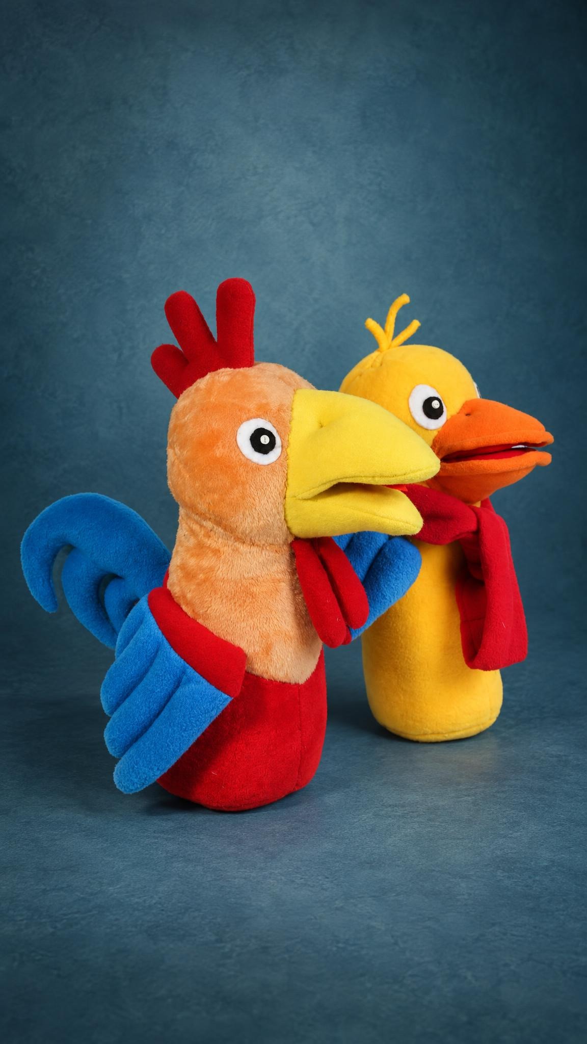 Custom rooster and duck plush pair: red comb, curled blue tail, yellow yarn tuft, handmade to order