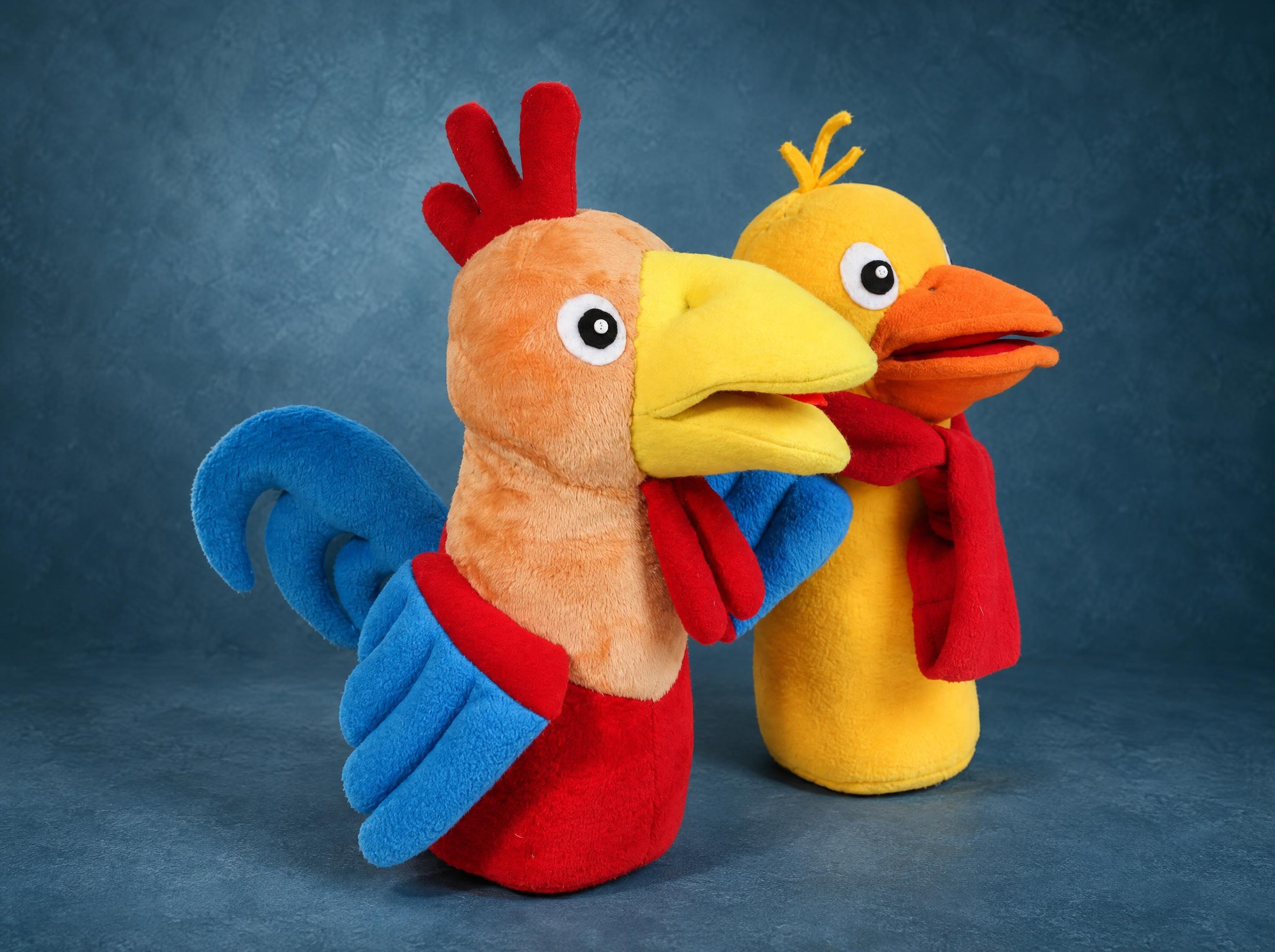 Cartoon rooster plush with blue wings and a yellow duck plush in a red scarf, open beaks, made to order