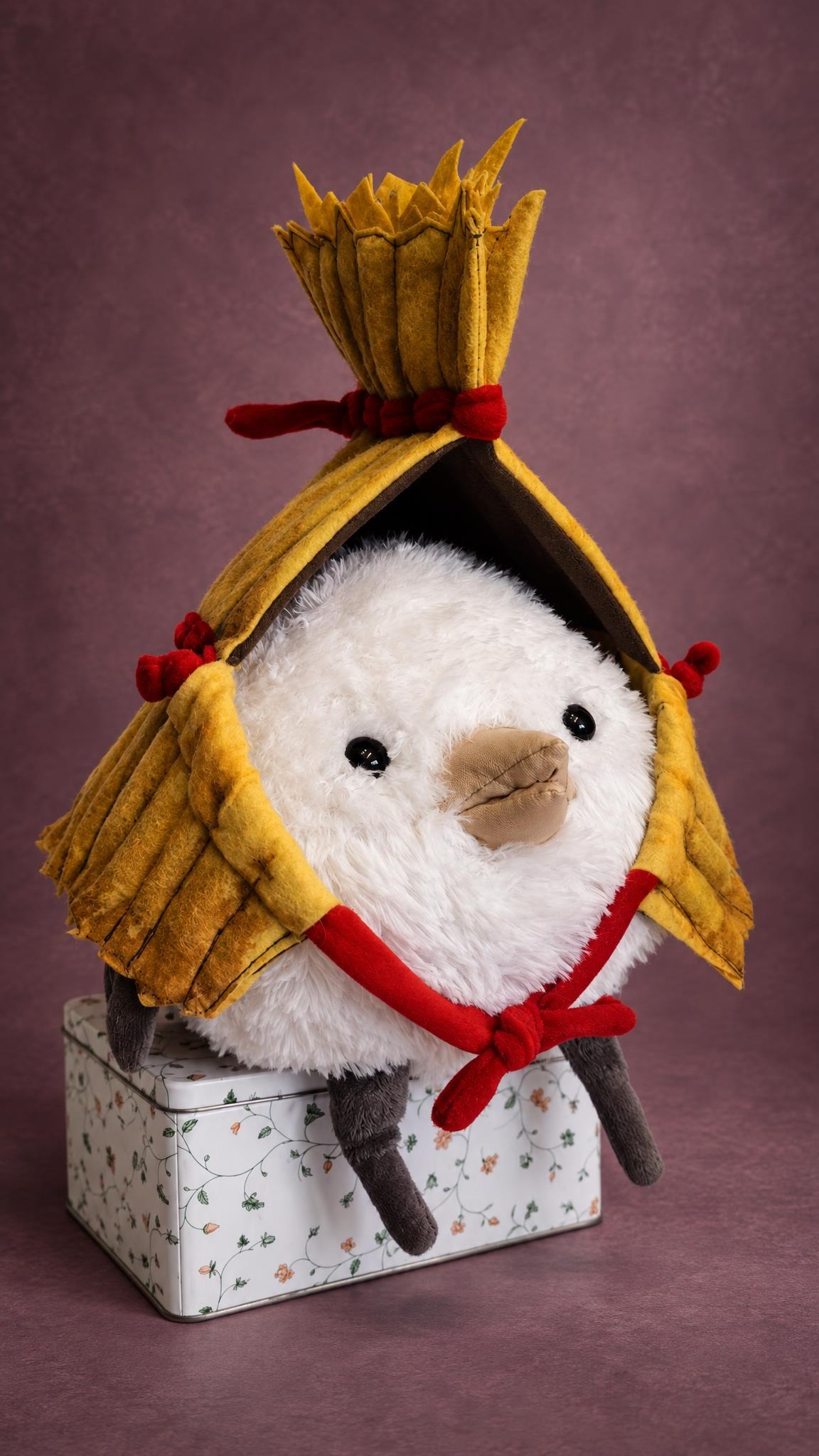 Custom round bird plush in white faux fur with a beige beak and a straw hood, handmade to order