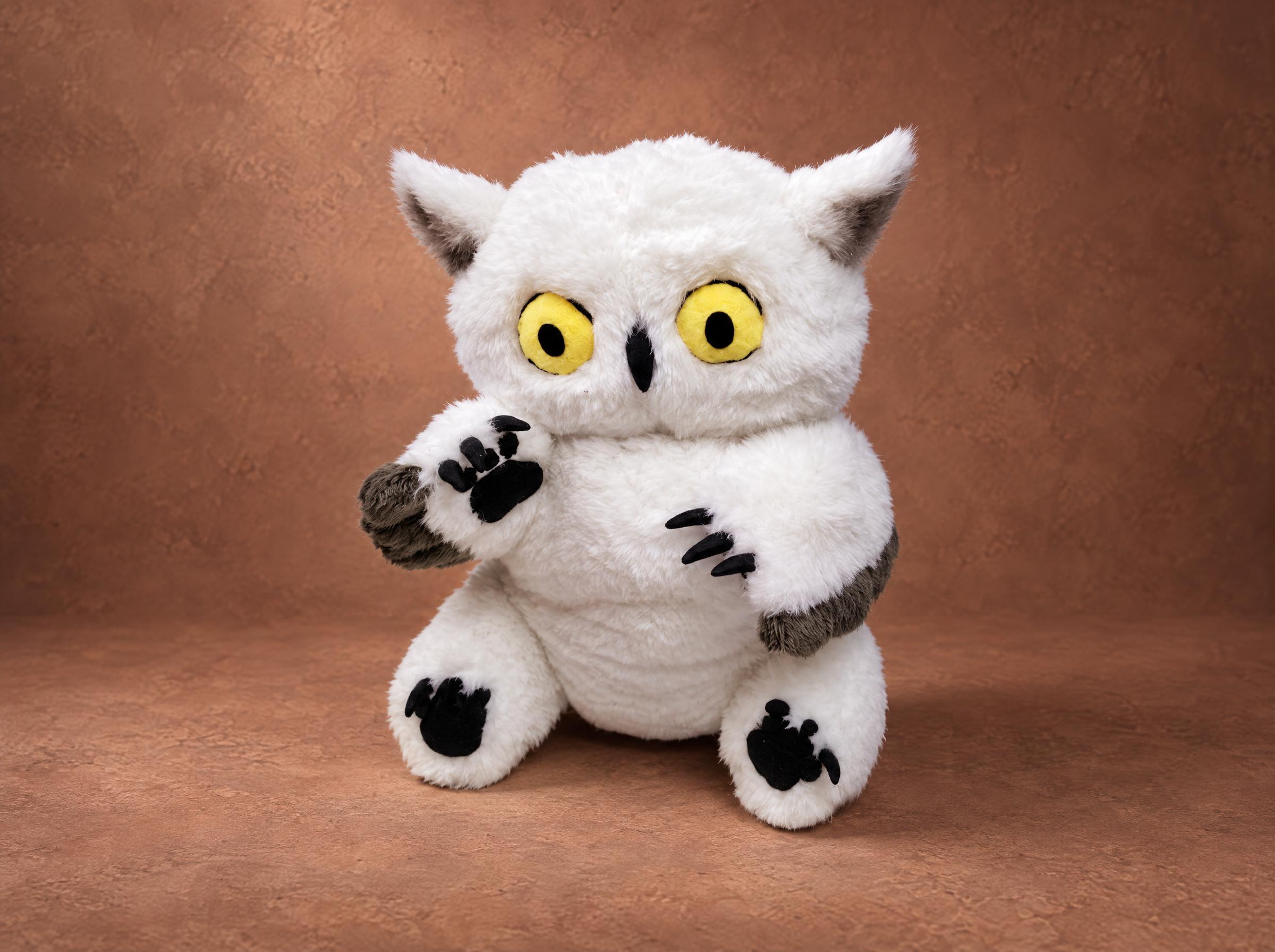 Scared owlbear plush from the D&D meme, made to order: white faux fur, round yellow eyes, a clawed paw up