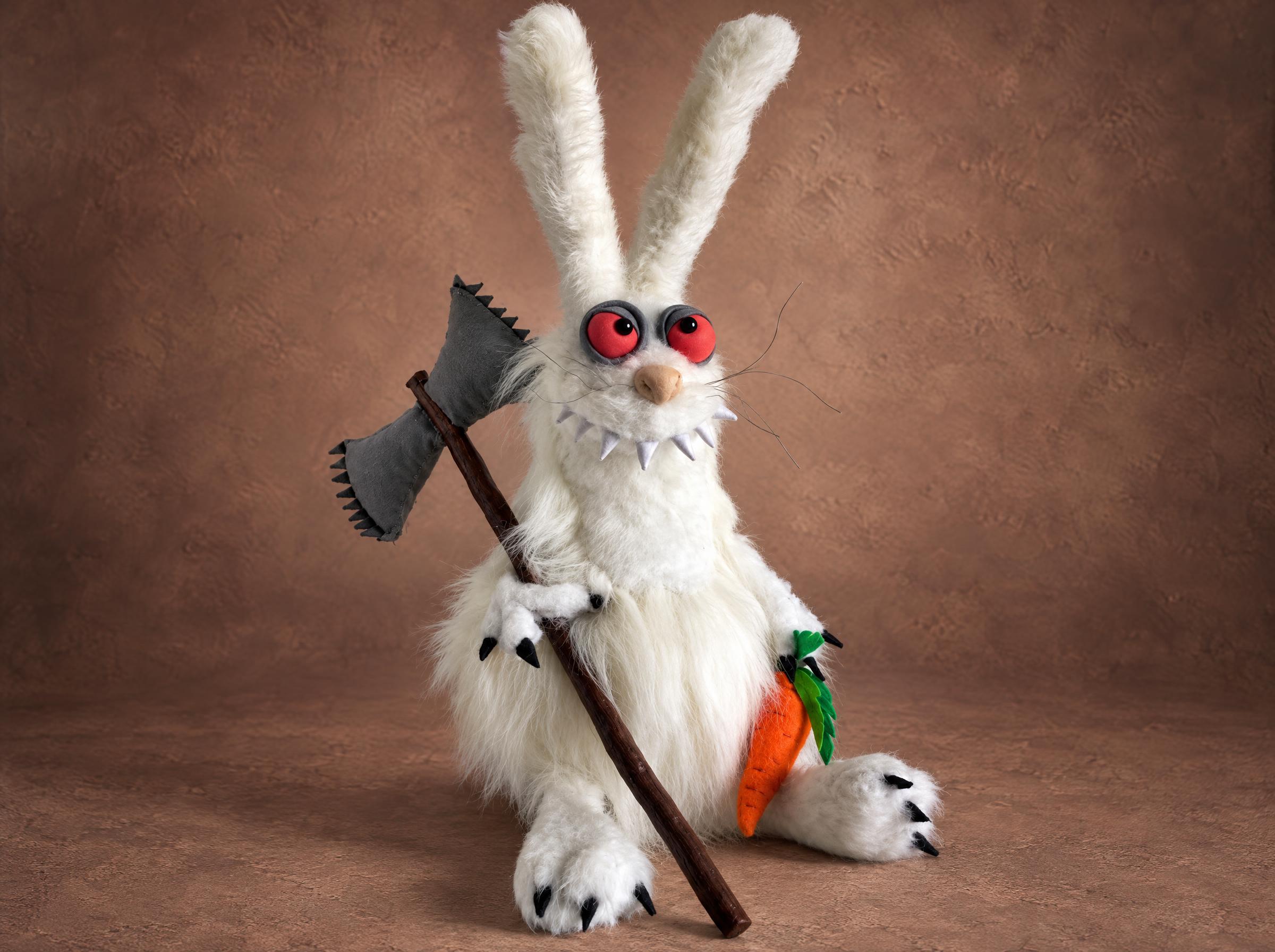 Scary bunny plush made to order from a drawing: white faux fur hare, red eyes, fangs, a soft axe and a carrot